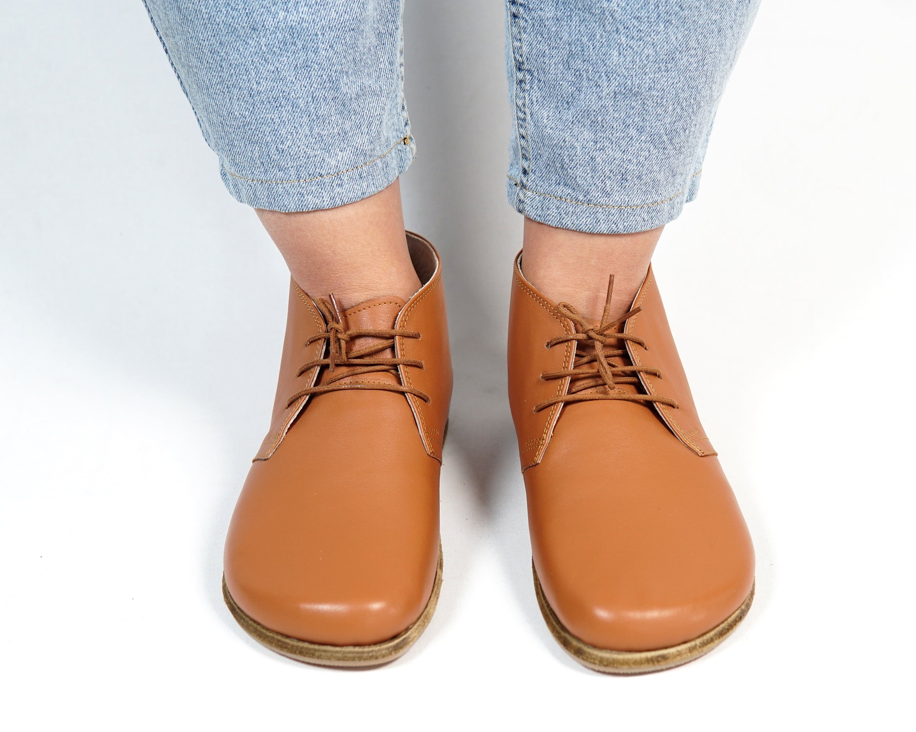 Tan Ankle Boots Wide Barefoot Smooth Leather Handmade Shoes 