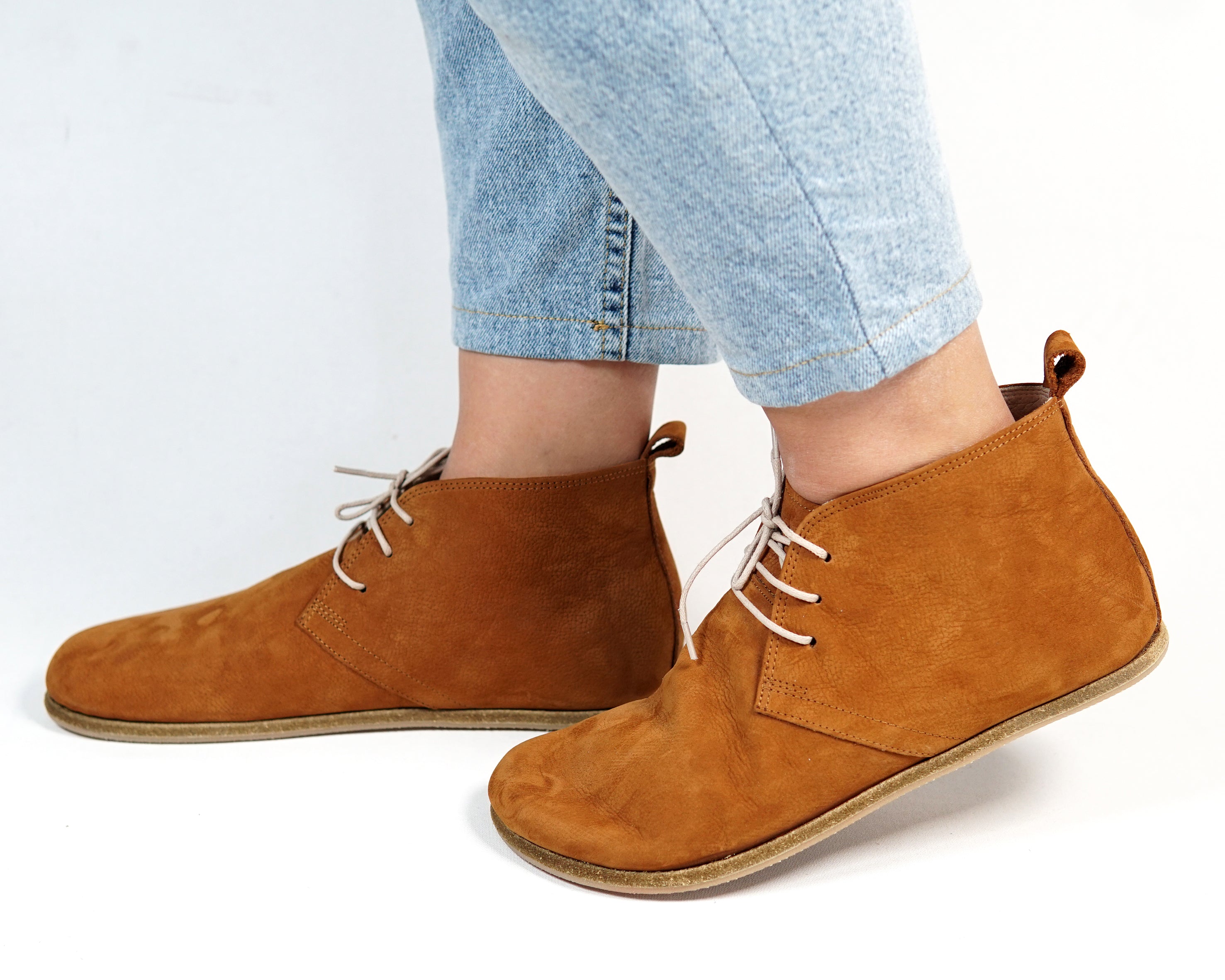 Tan Ankle Boots Wide Barefoot Nubuck Leather Handmade Shoes 