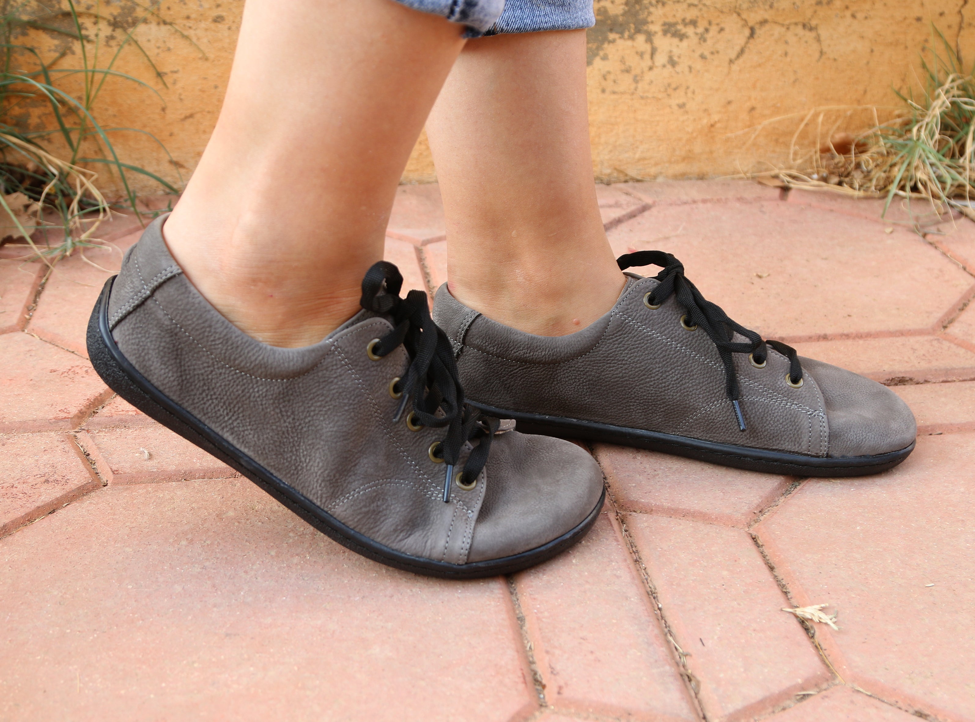 Gray SNEAKER Wide Barefoot Shoes Nubuck Leather Handmade 6mm Rubber Outsole 