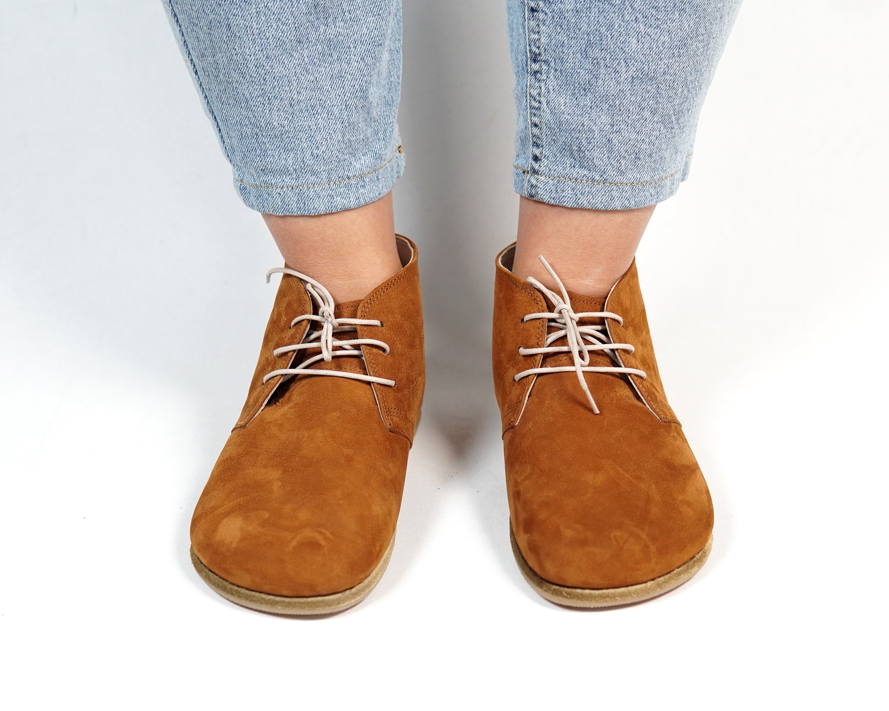 Tan Ankle Boots Wide Barefoot Nubuck Leather Handmade Shoes 