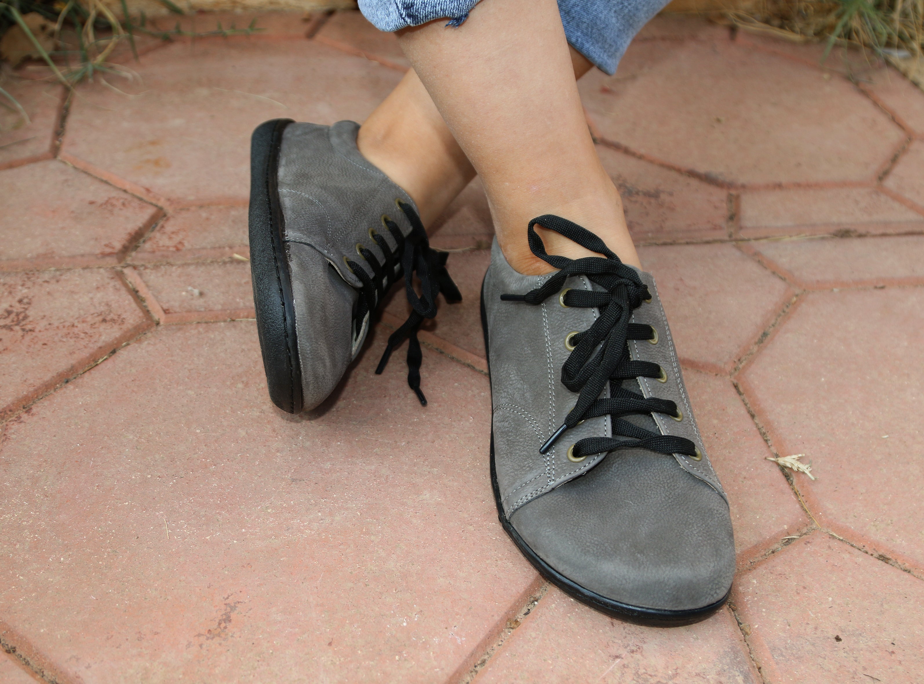 Gray SNEAKER Wide Barefoot Shoes Nubuck Leather Handmade 6mm Rubber Outsole 