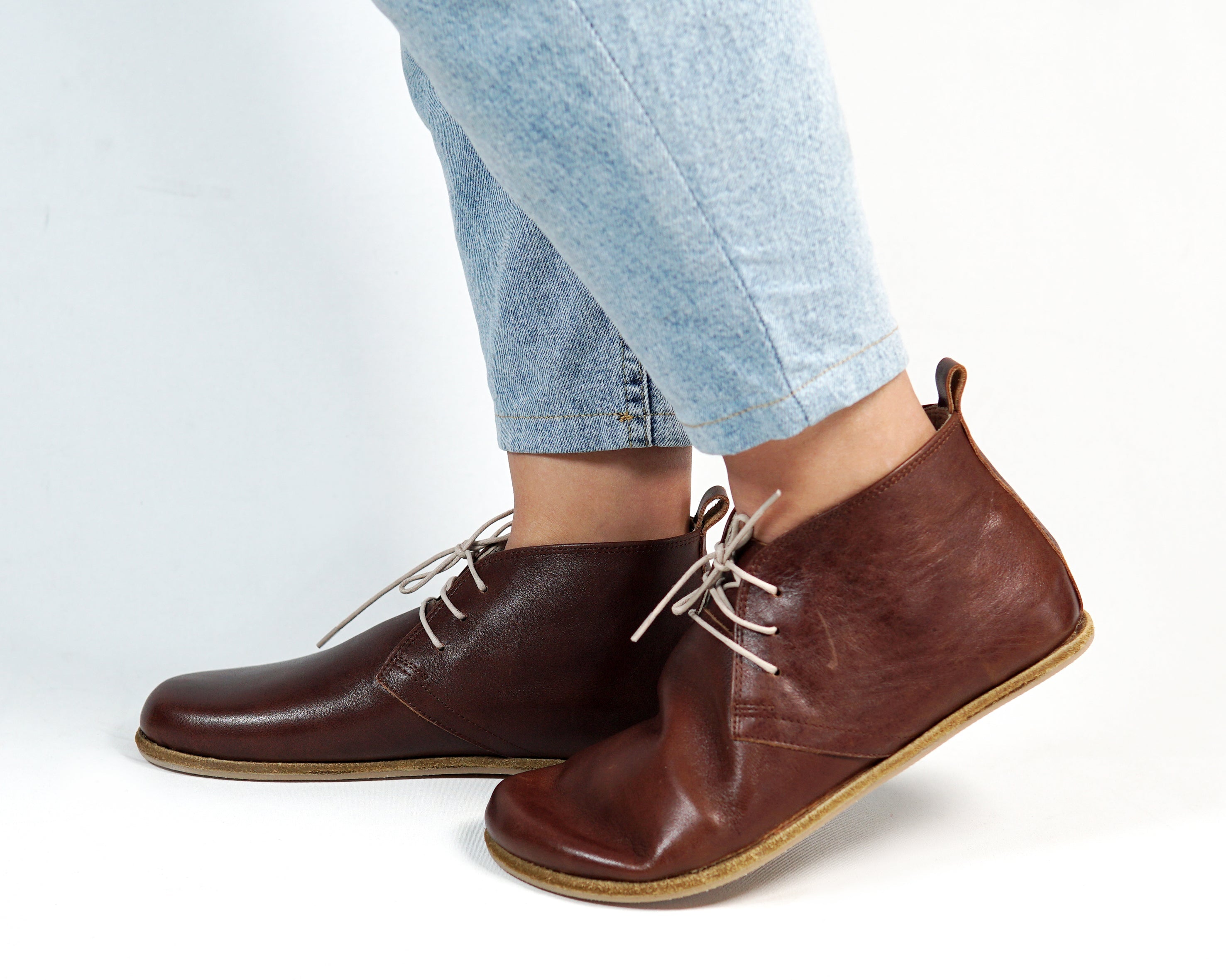 Dark Brown Ankle Boots Wide Barefoot Smooth Leather Handmade Shoes 