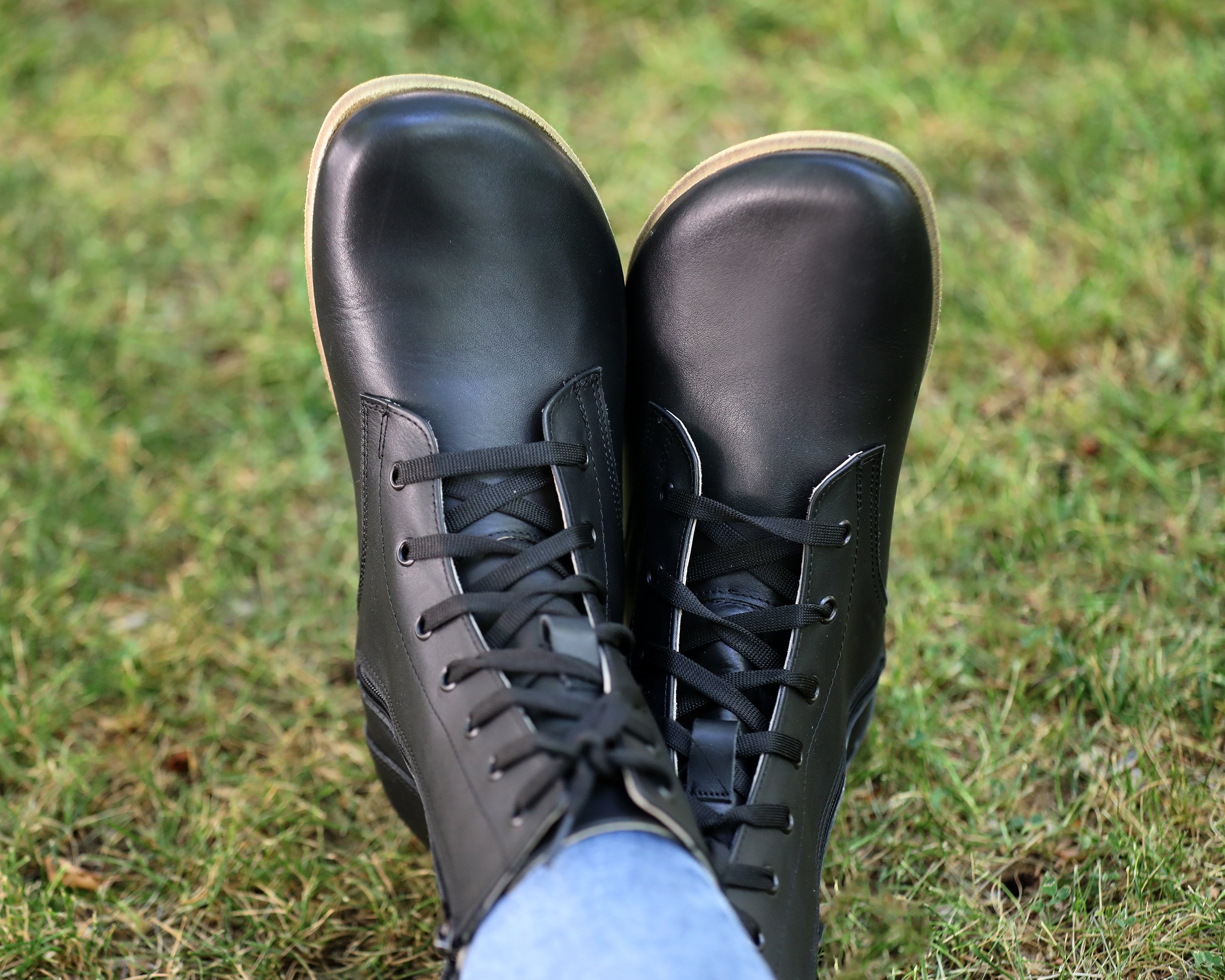 Black Long Boots Wide Barefoot Smooth Leather Handmade Shoes