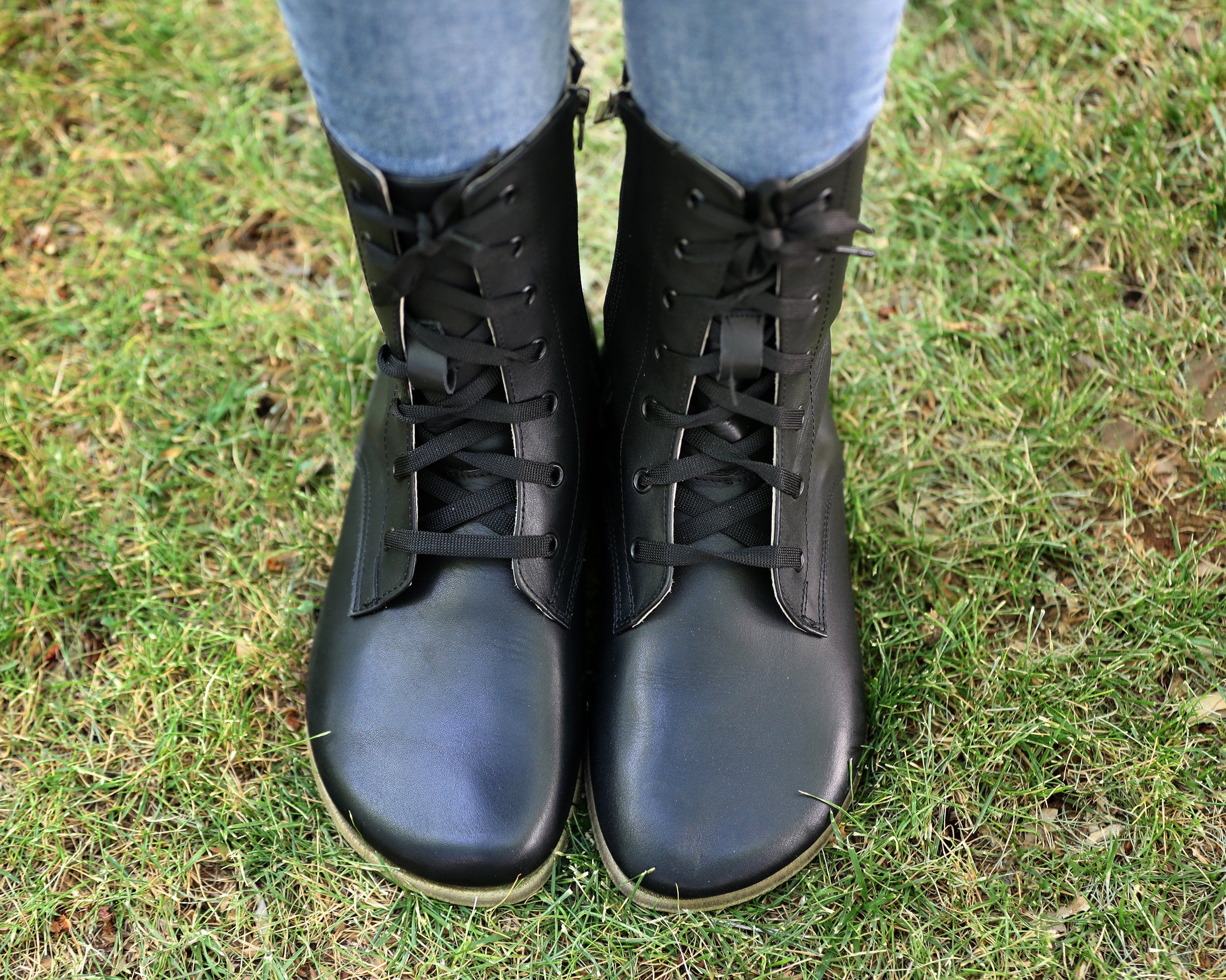 Black Long Boots Wide Barefoot Smooth Leather Handmade Shoes