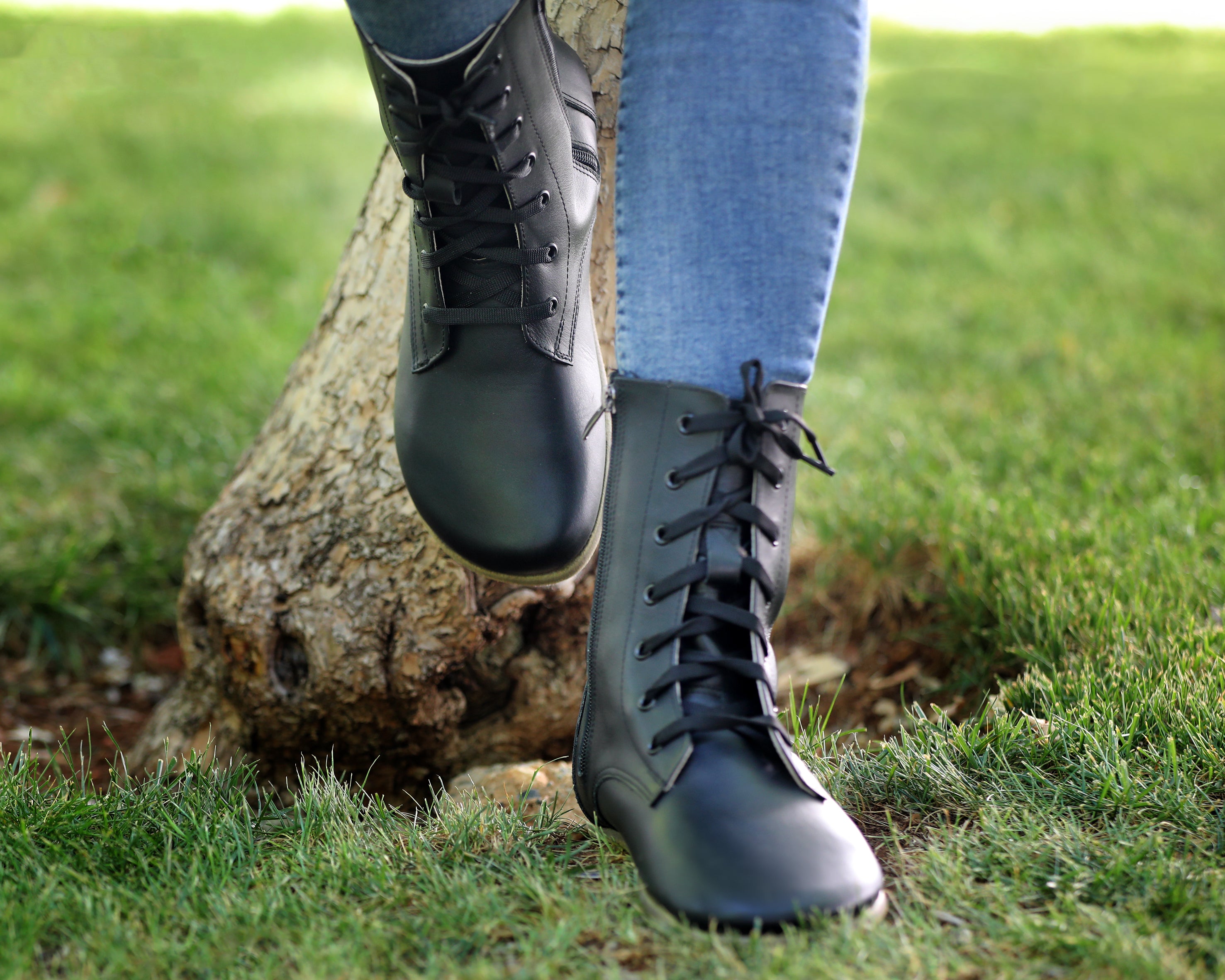 Black Long Boots Wide Barefoot Smooth Leather Handmade Shoes