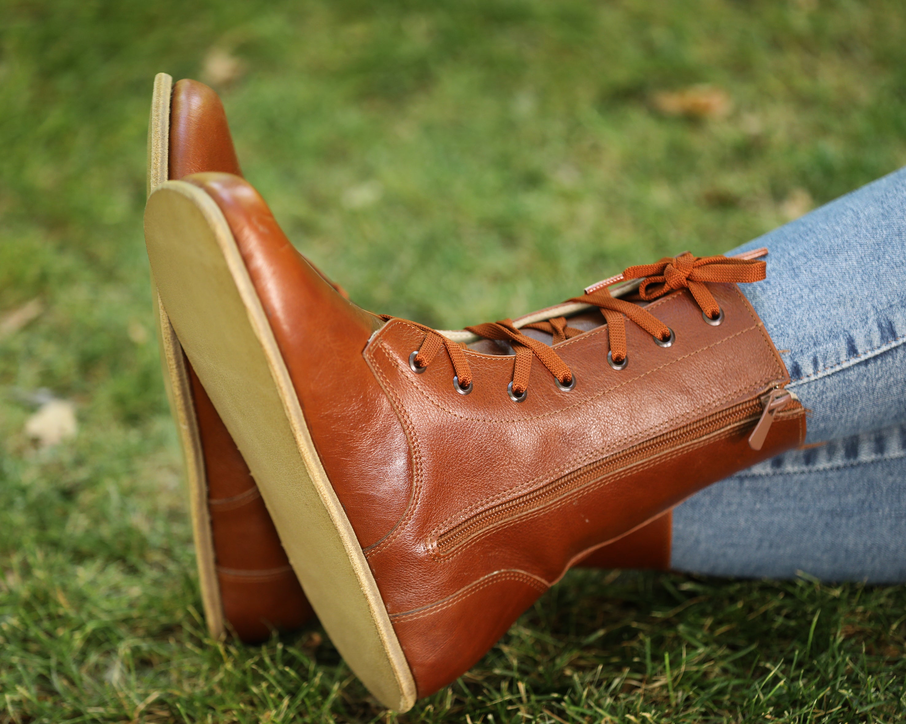 Brown Long Boots Wide Barefoot Smooth Leather Handmade Shoes