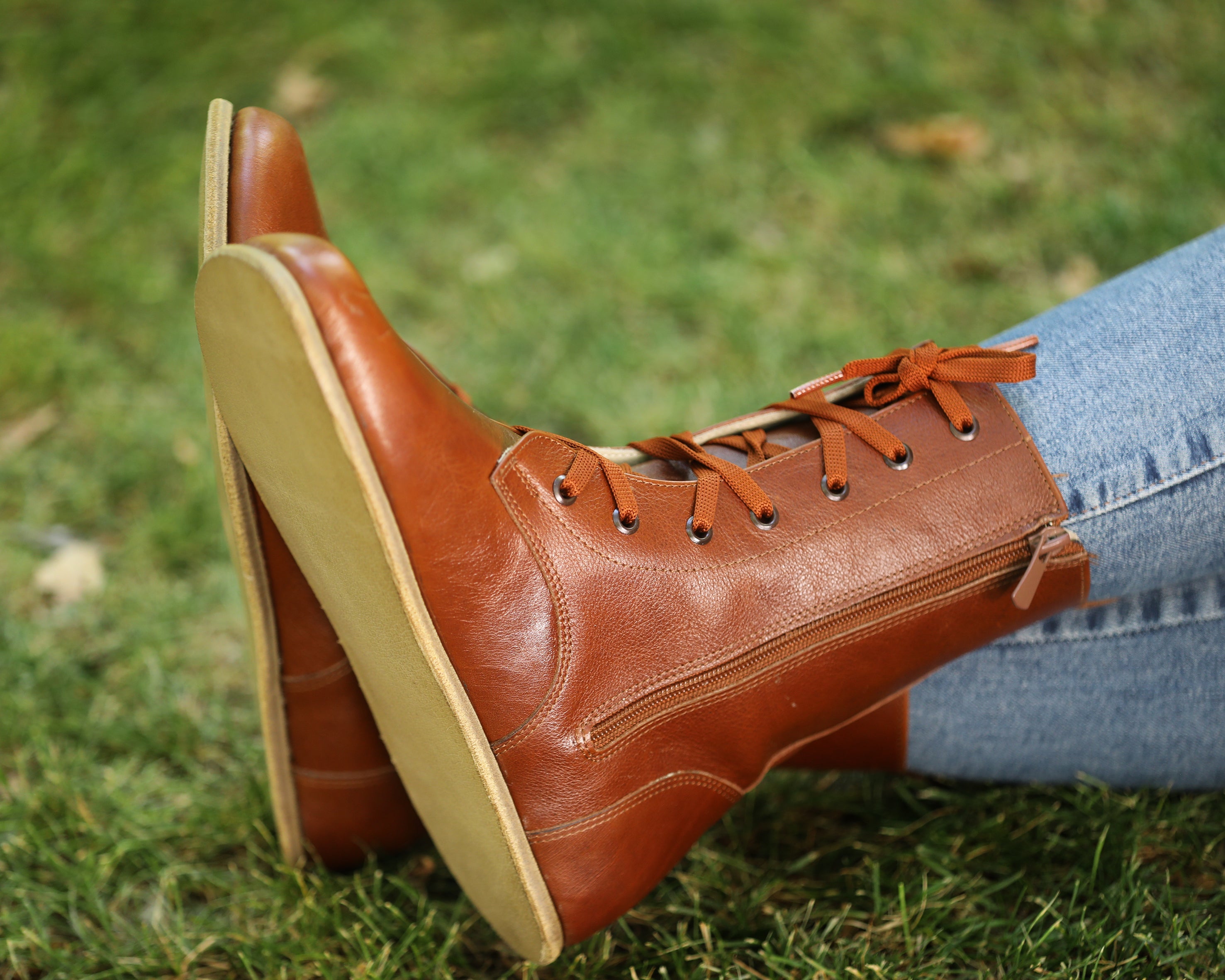 Brown Long Boots Wide Barefoot Smooth Leather Handmade Shoes 