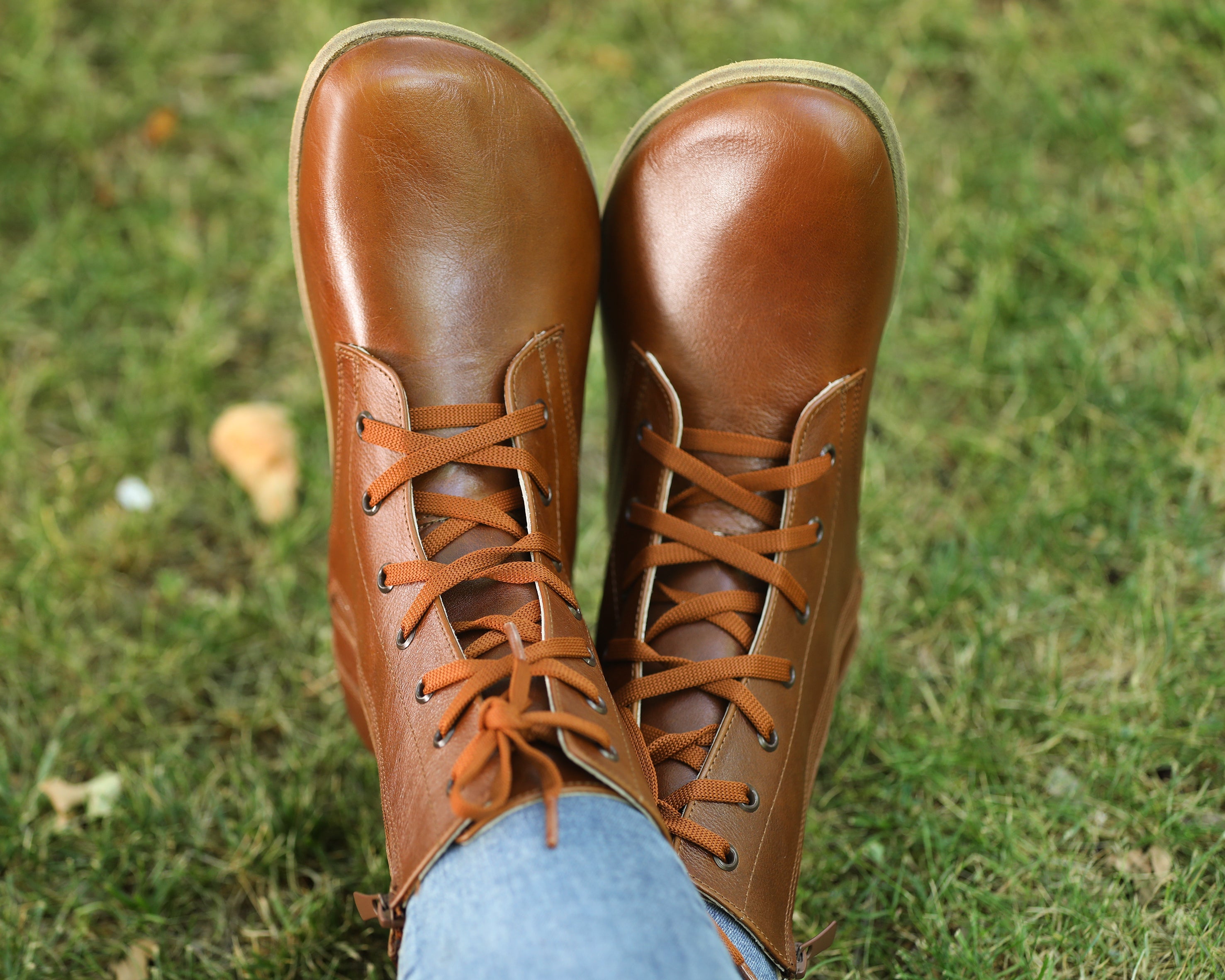 Brown Long Boots Wide Barefoot Smooth Leather Handmade Shoes 
