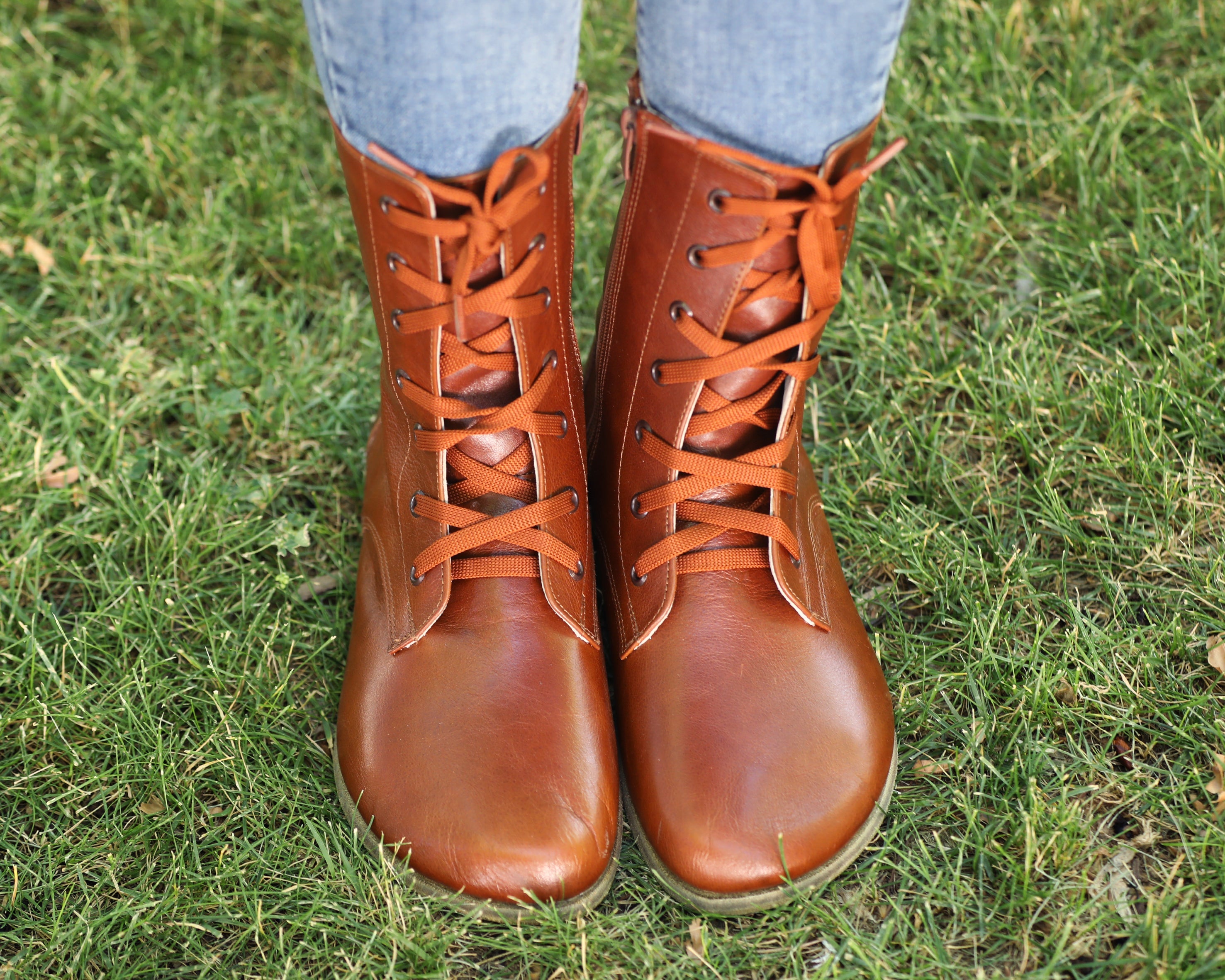 Brown Long Boots Wide Barefoot Smooth Leather Handmade Shoes 