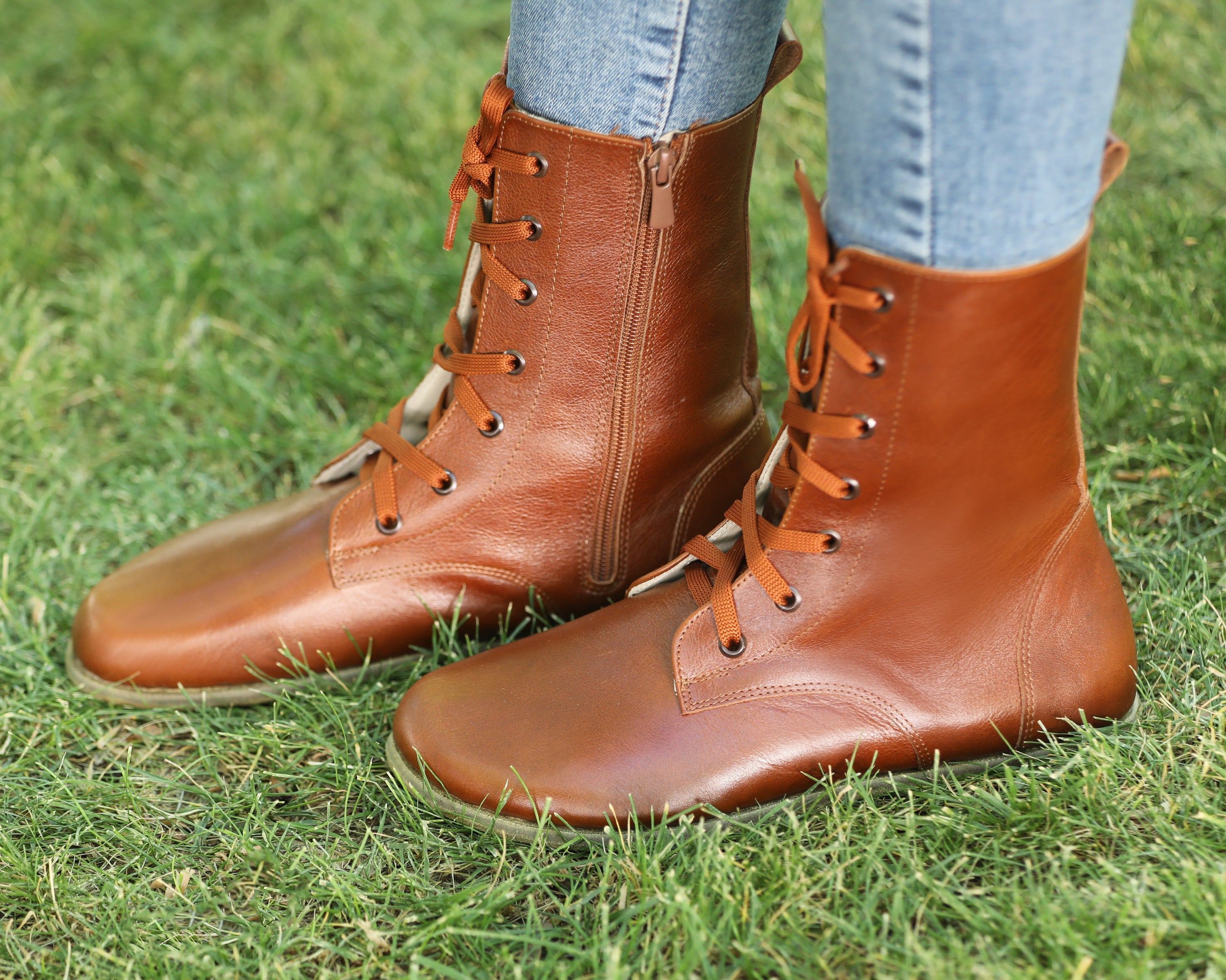 Brown Long Boots Wide Barefoot Smooth Leather Handmade Shoes 