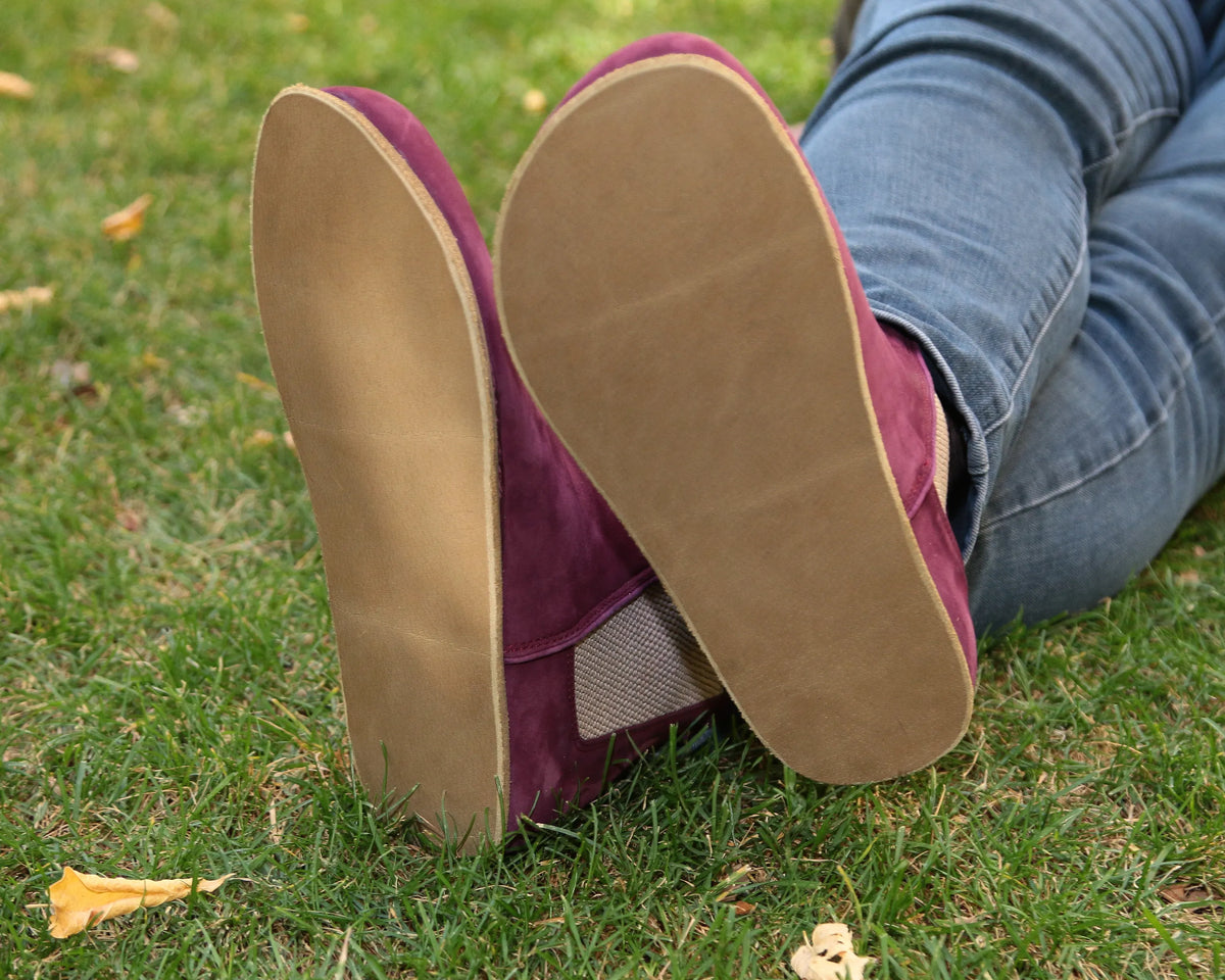 Nubuck Barefoot Chelsea Boots Shoes – Classic Sole — Leather Sole – Burgundy