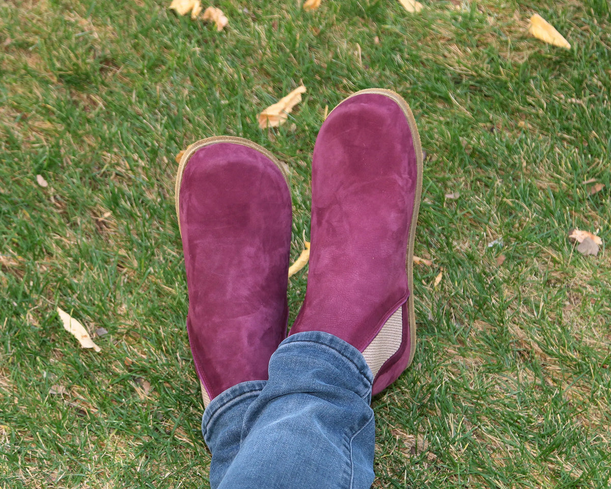 Nubuck Barefoot Chelsea Boots Shoes – Classic Sole — Leather Sole – Burgundy