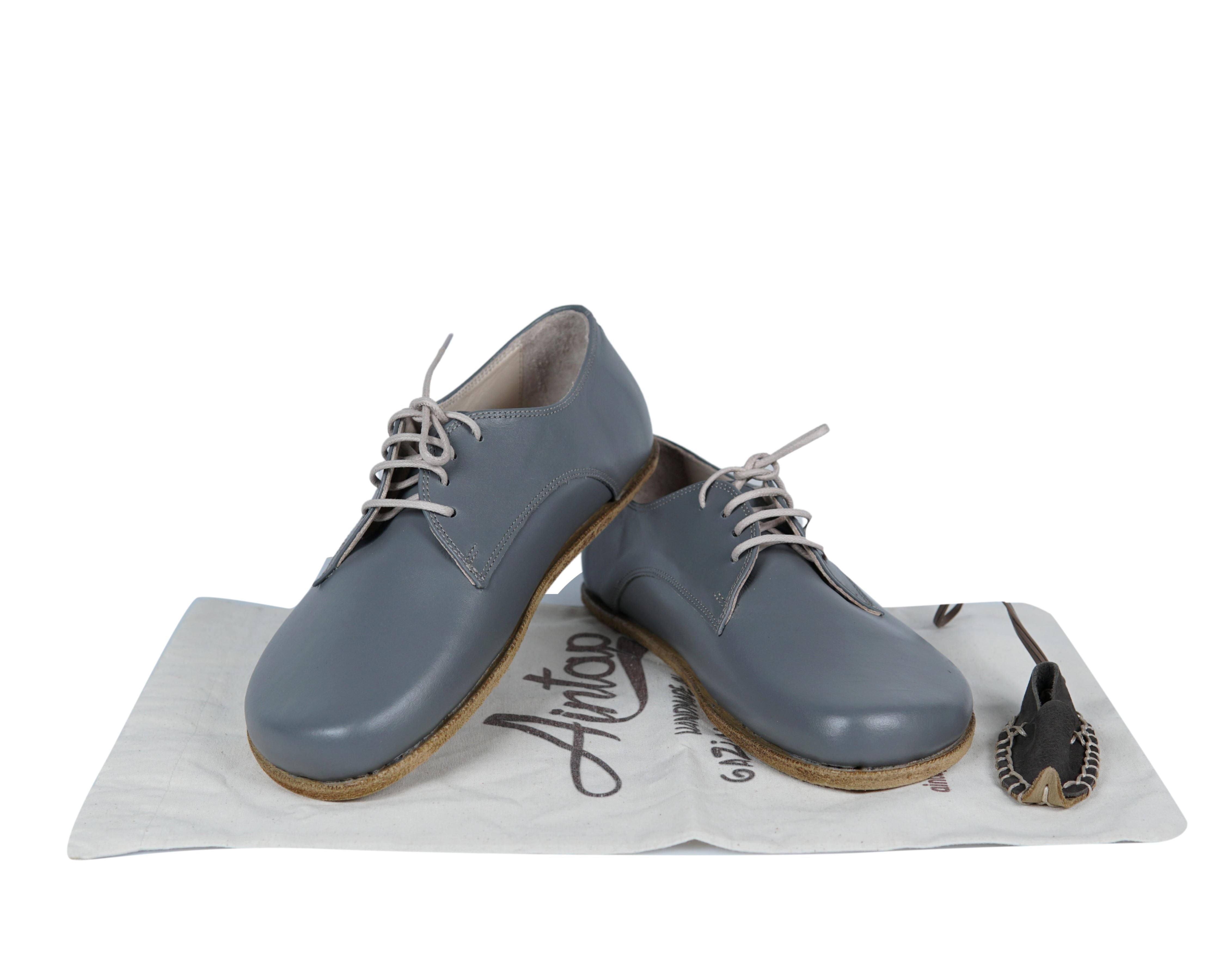 Gray Oxford Wide Barefoot Smooth Leather Handmade Classic Shoes 