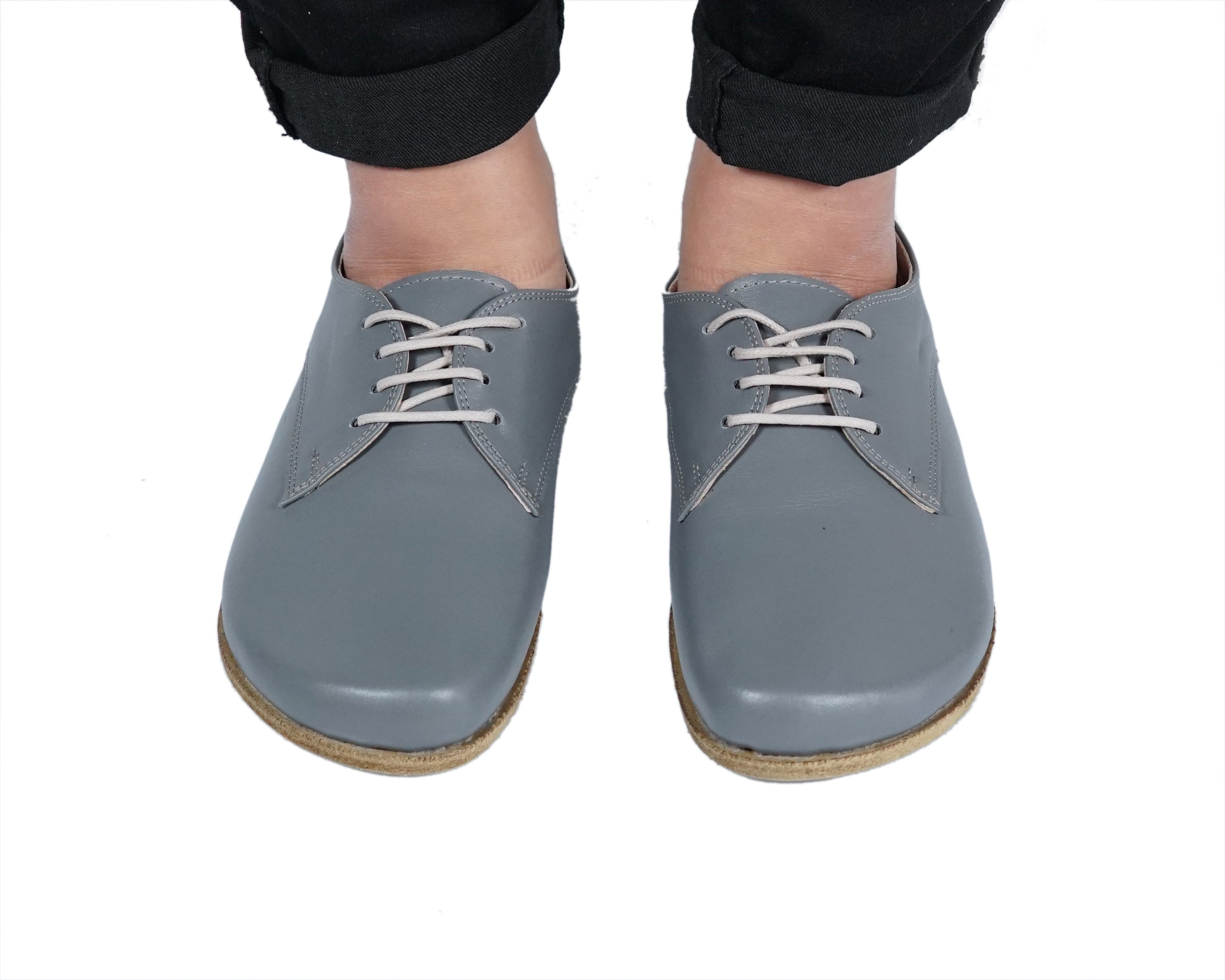 Gray Oxford Wide Barefoot Smooth Leather Handmade Classic Shoes