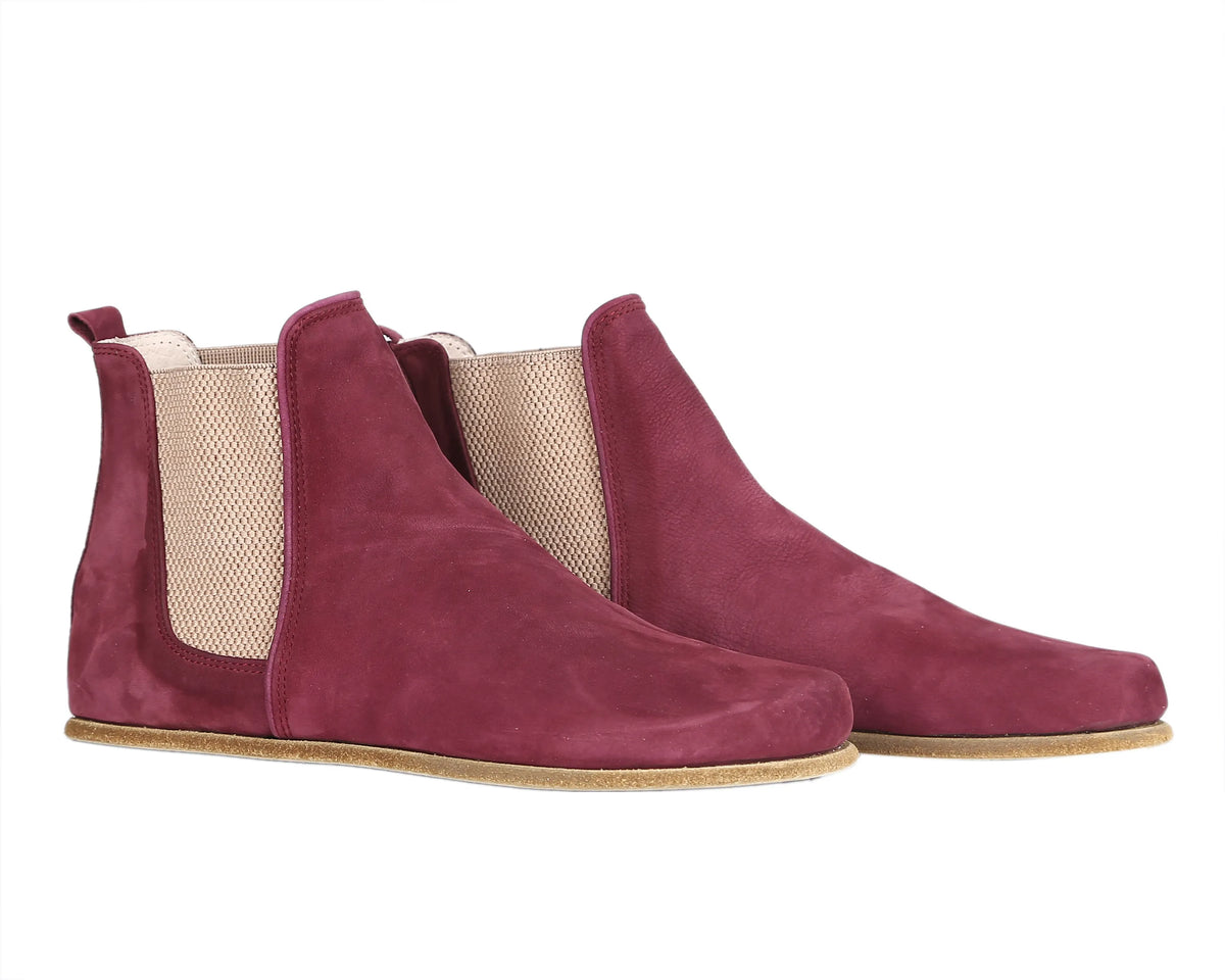 Nubuck Barefoot Chelsea Boots Shoes – Classic Sole — Leather Sole – Burgundy