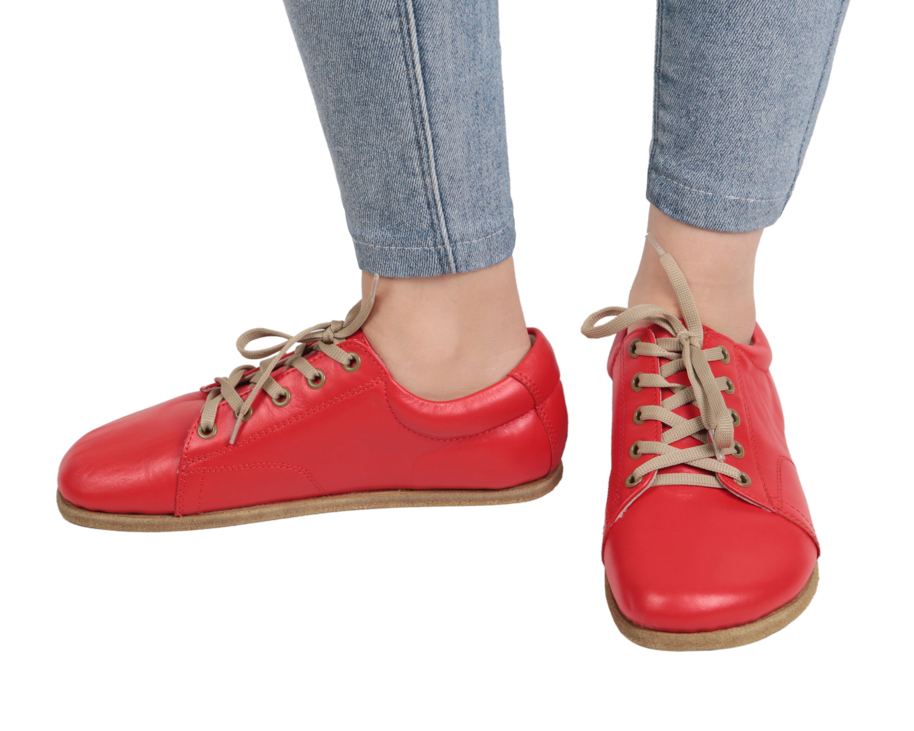 Red Sneaker Wide Barefoot Smooth Leather Handmade Shoes