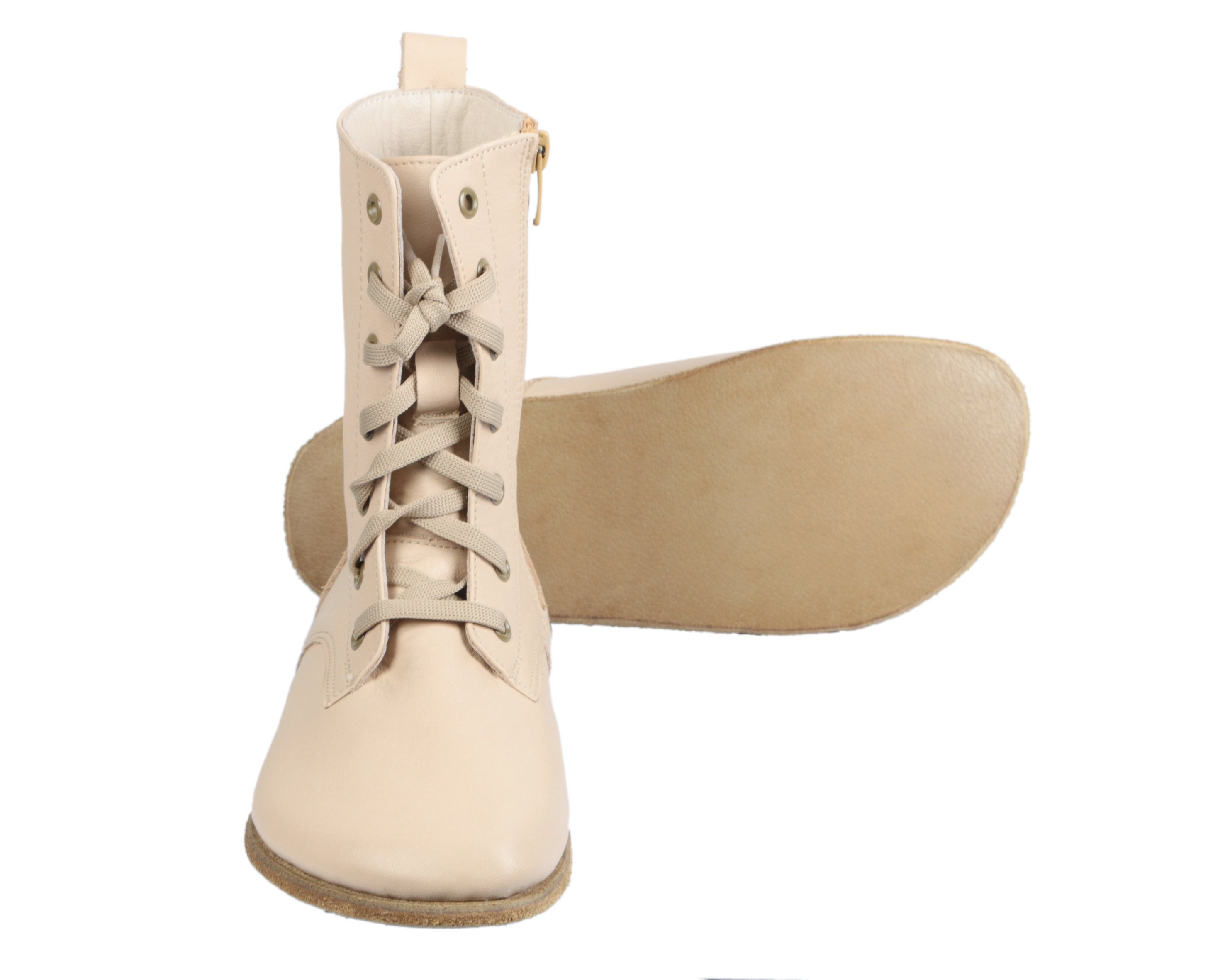 Cream Long Boots Wide Barefoot Smooth Leather Handmade Shoes