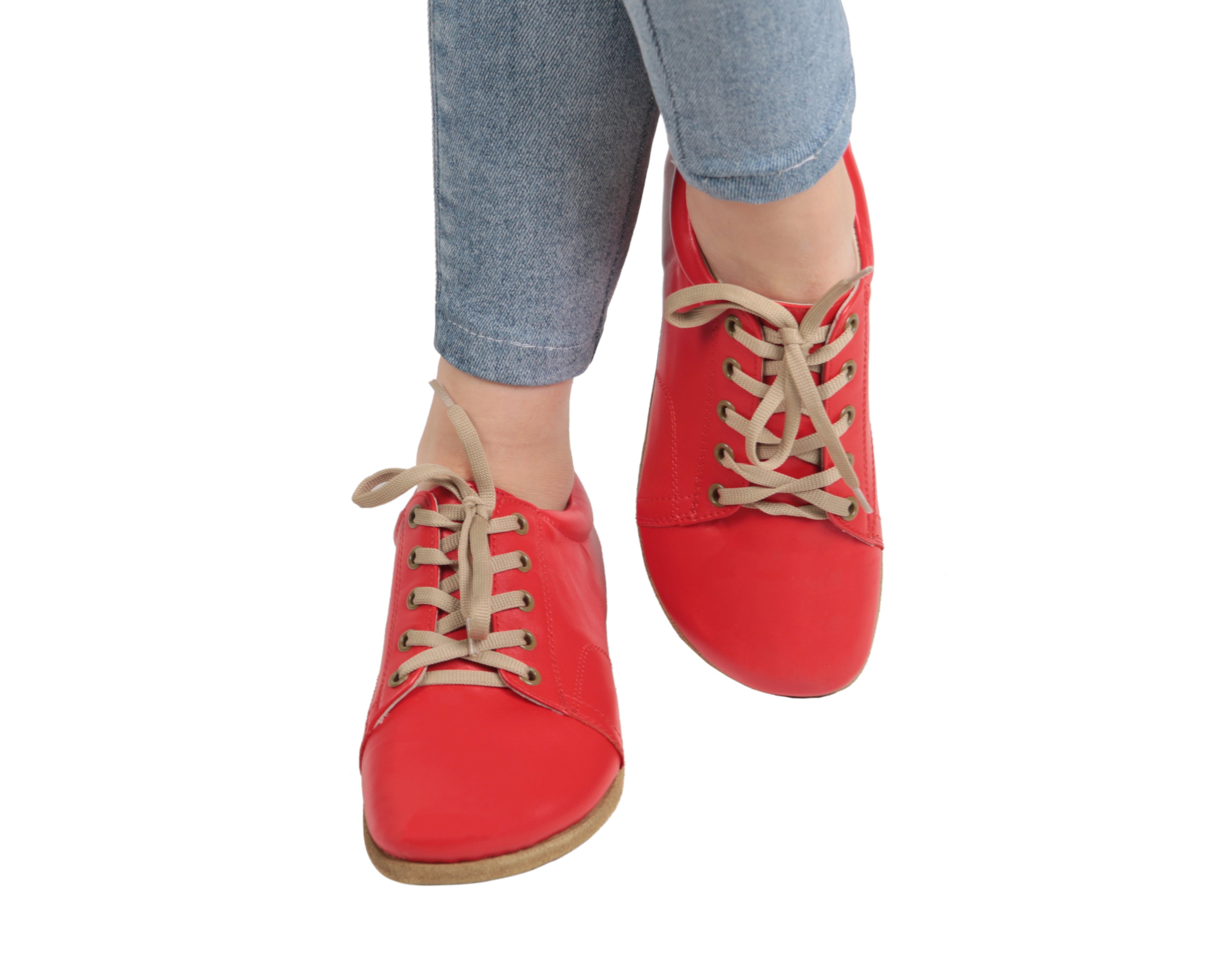 Red Sneaker Wide Barefoot Smooth Leather Handmade Shoes