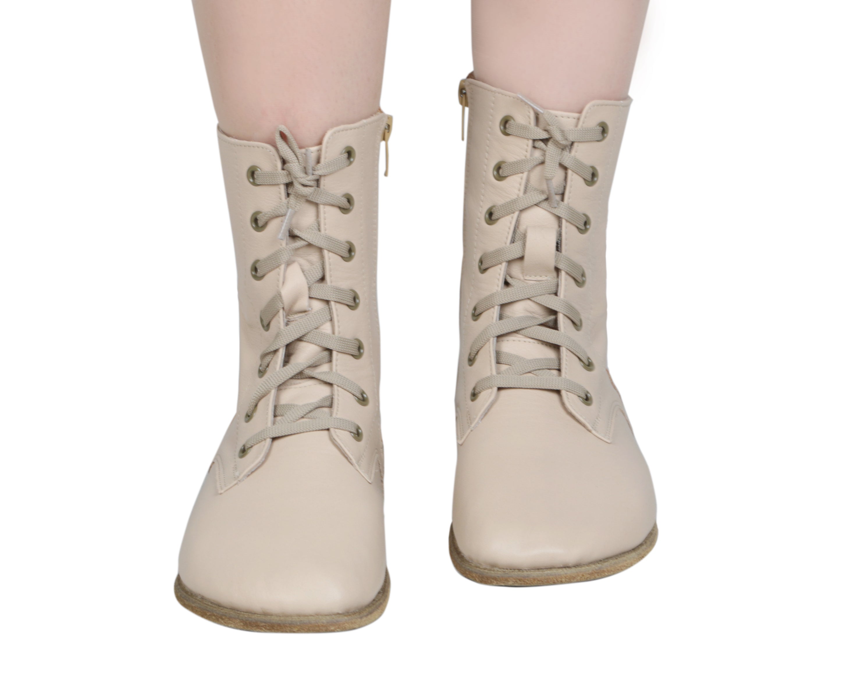 Cream Long Boots Wide Barefoot Smooth Leather Handmade Shoes 