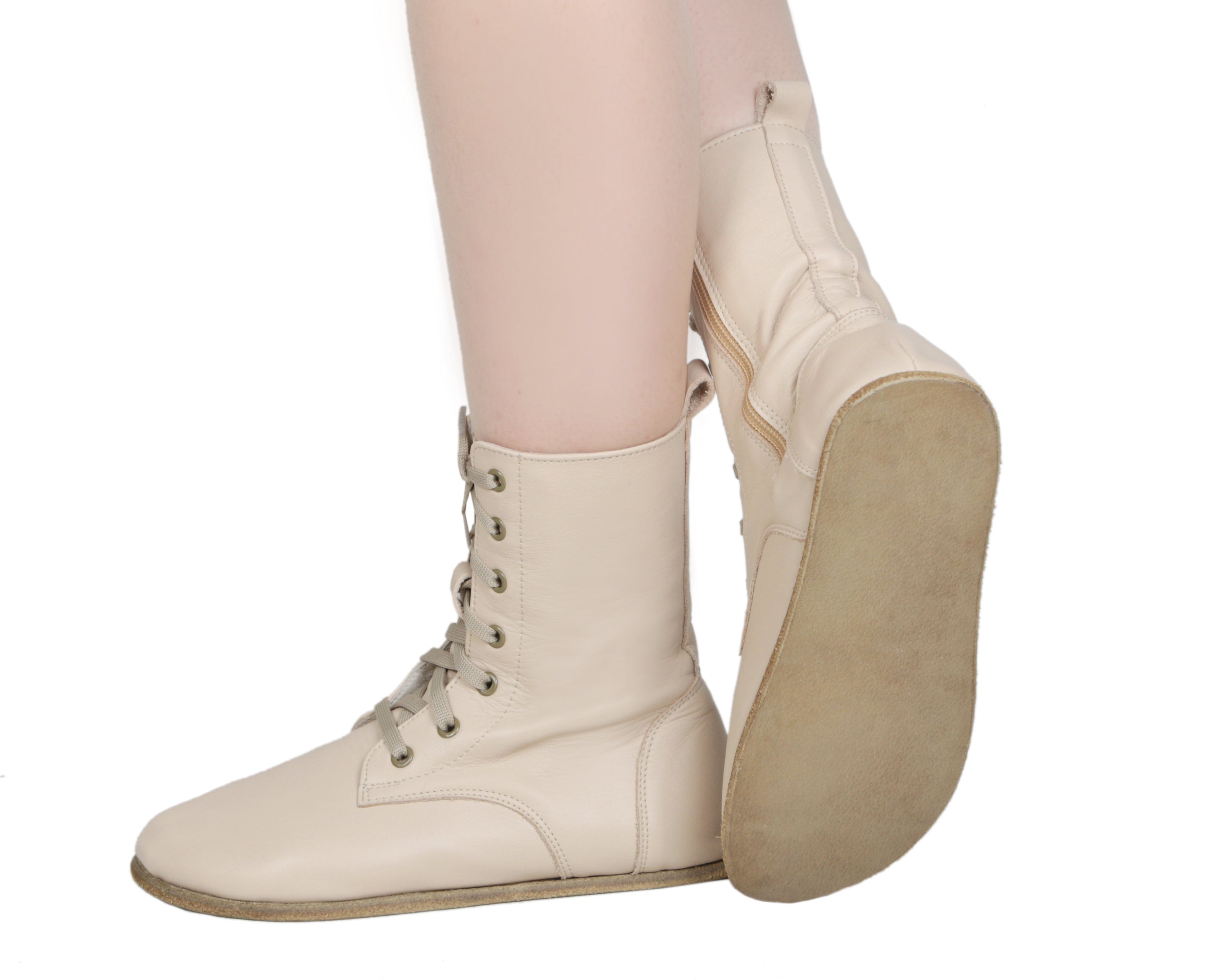 Cream Long Boots Wide Barefoot Smooth Leather Handmade Shoes