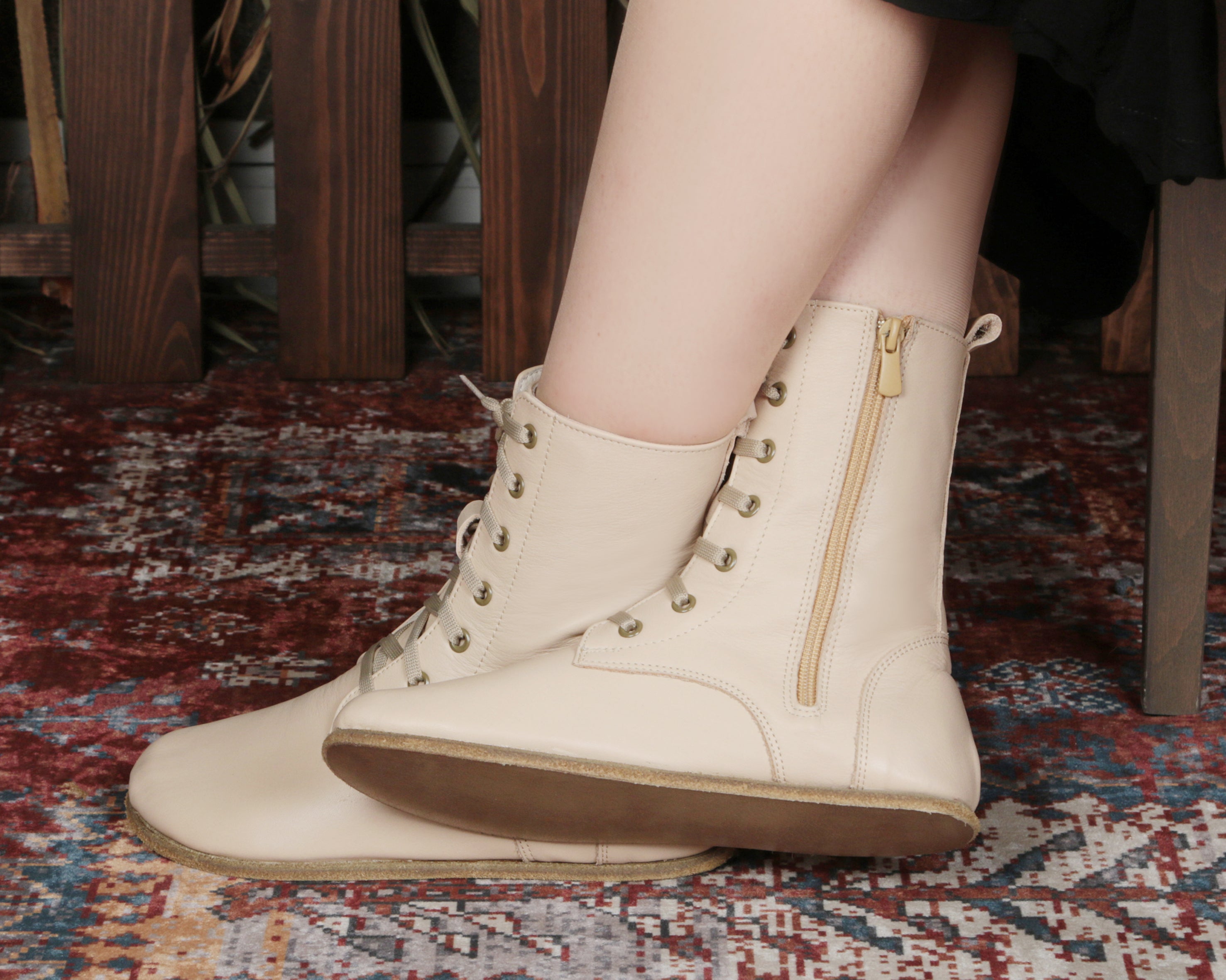 Cream Long Boots Wide Barefoot Smooth Leather Handmade Shoes 