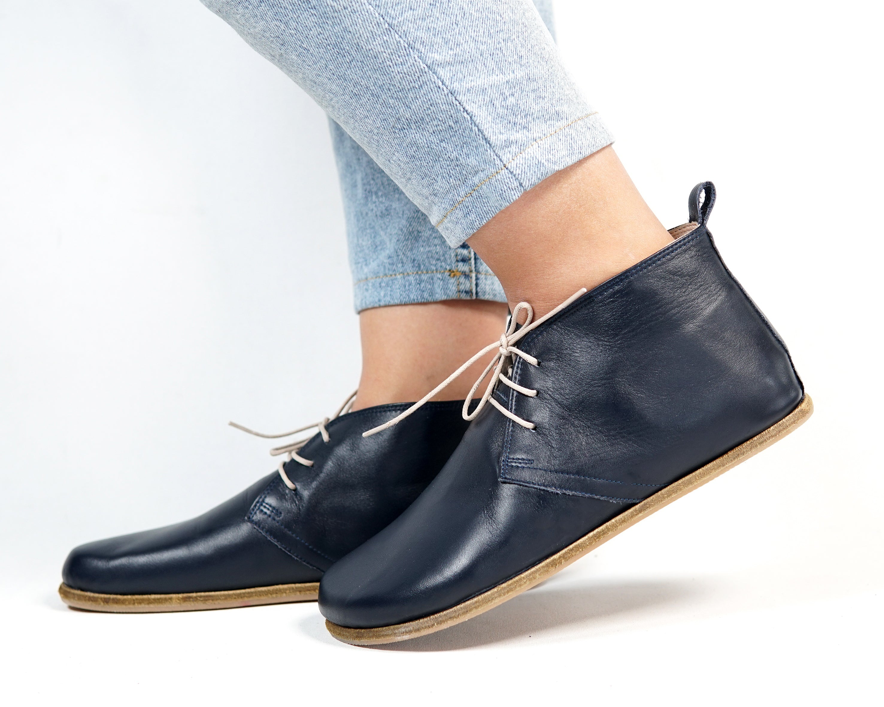 Navy Blue Ankle Boots Wide Barefoot Smooth Leather Handmade Shoes 