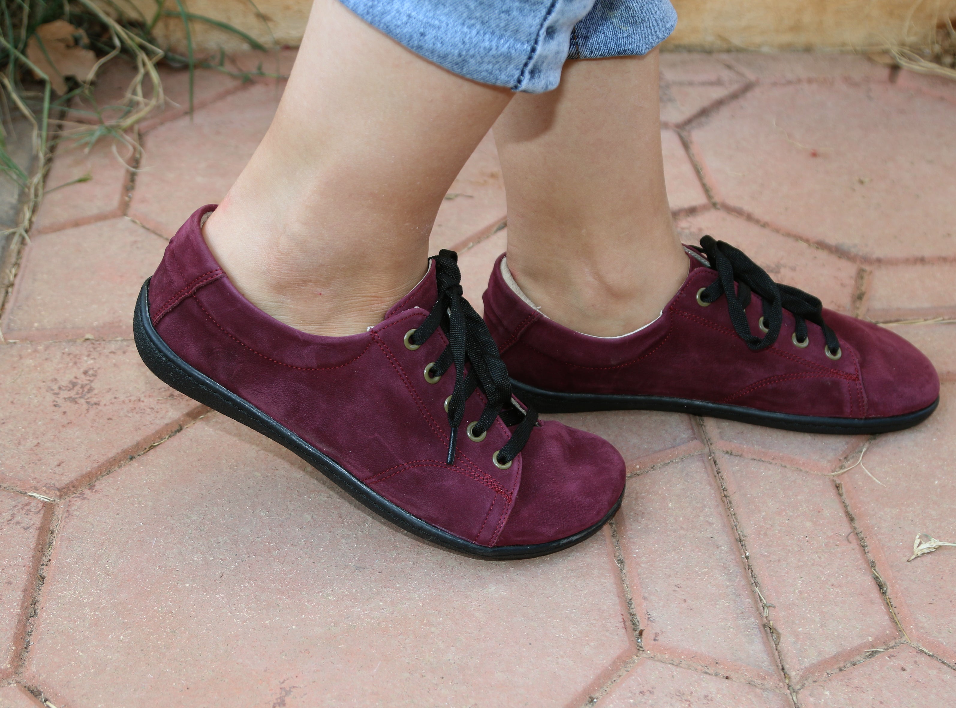 Burgundy SNEAKER Wide Barefoot Shoes Nubuck Leather Handmade 6mm Rubber Outsole 