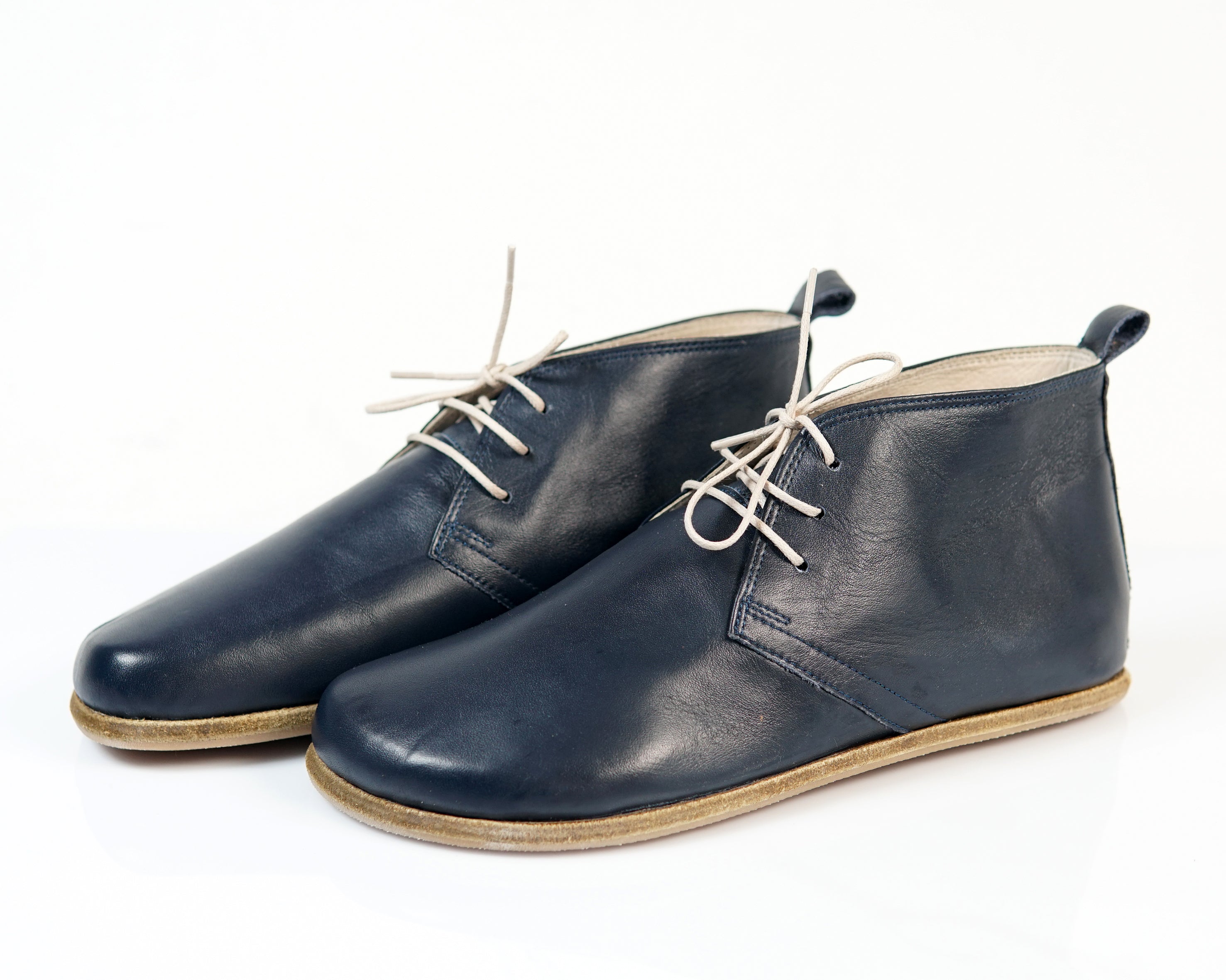 Navy Blue Ankle Boots Wide Barefoot Smooth Leather Handmade Shoes 