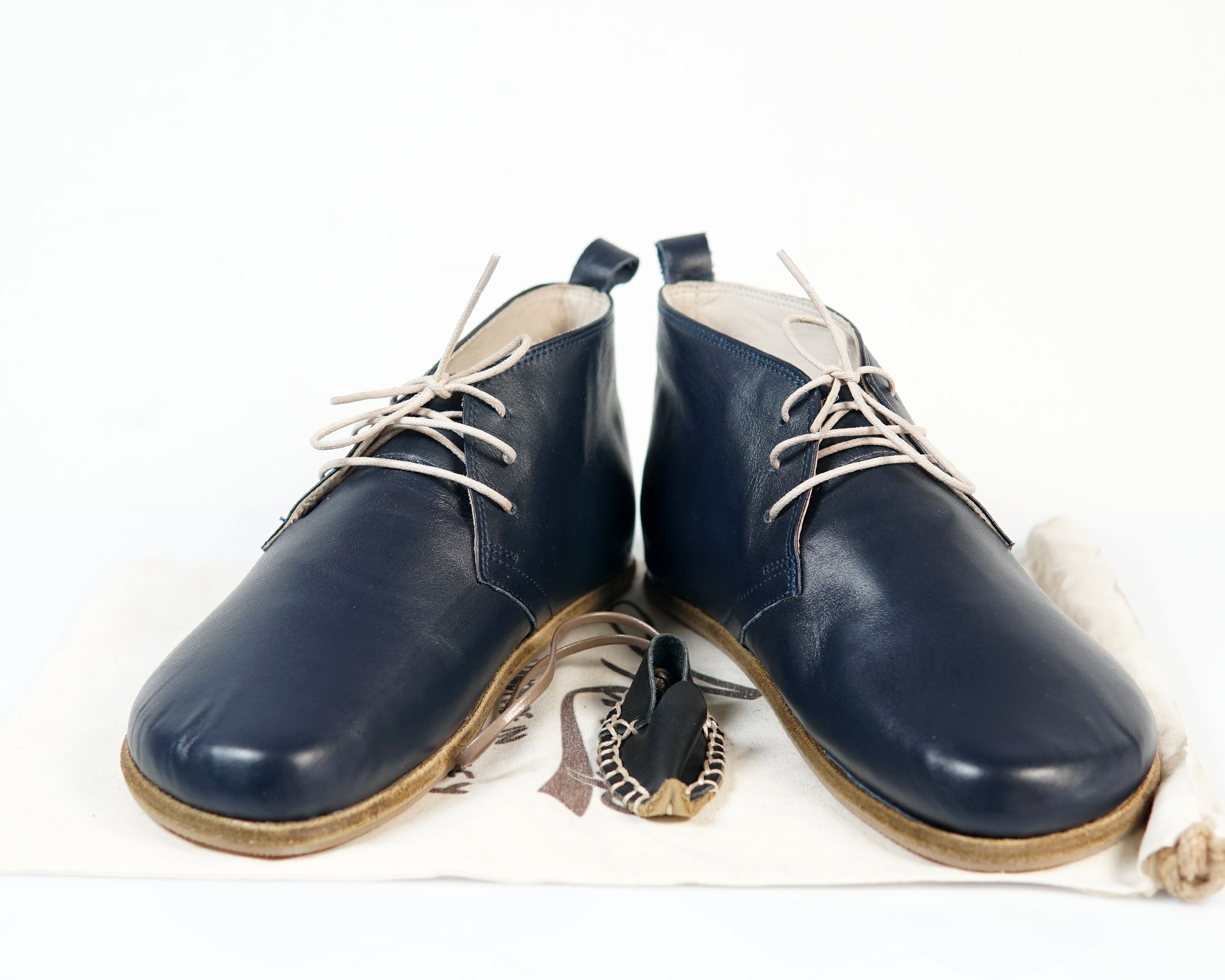 Navy Blue Ankle Boots Wide Barefoot Smooth Leather Handmade Shoes