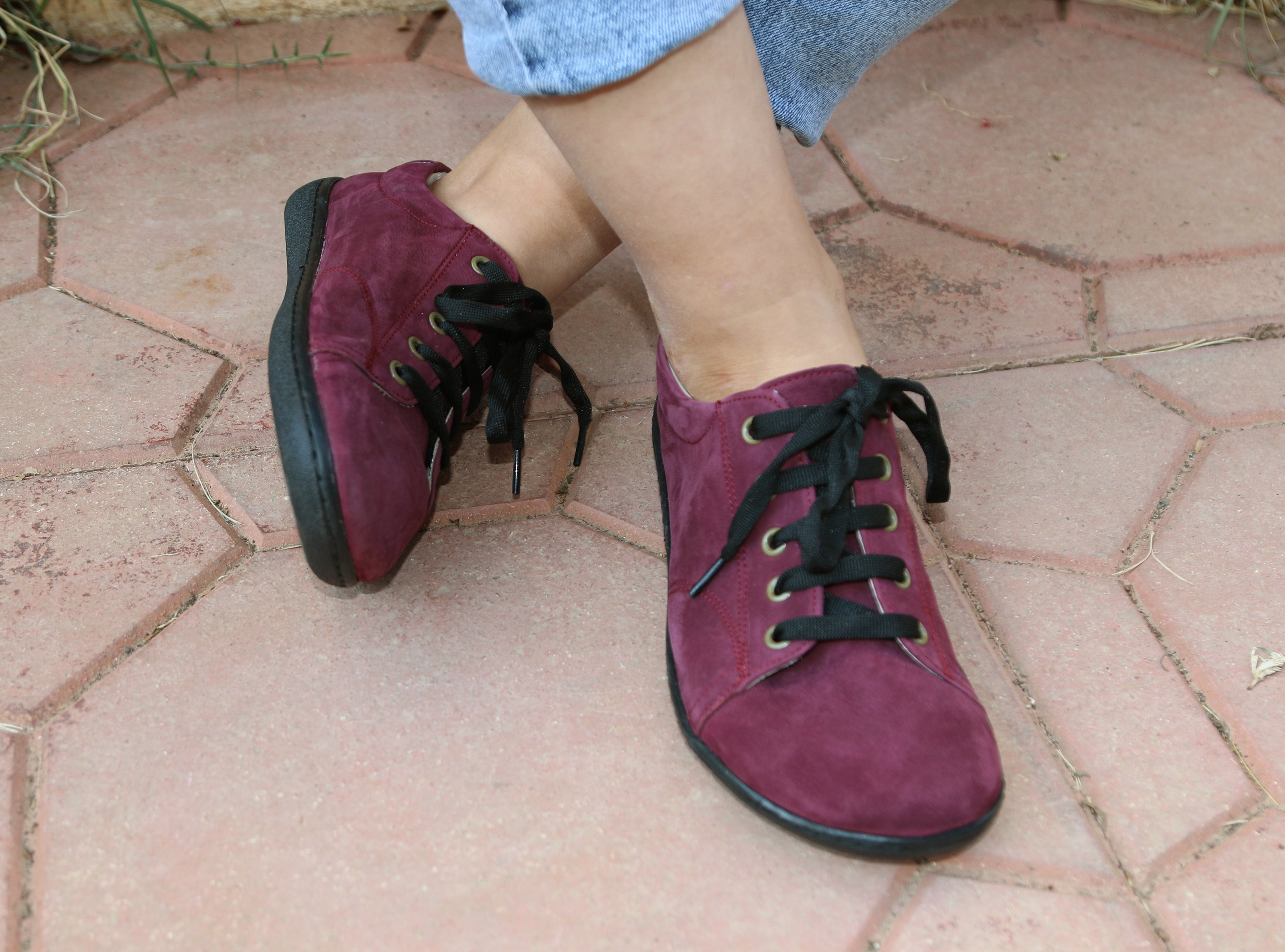 Burgundy SNEAKER Wide Barefoot Shoes Nubuck Leather Handmade 6mm Rubber Outsole 
