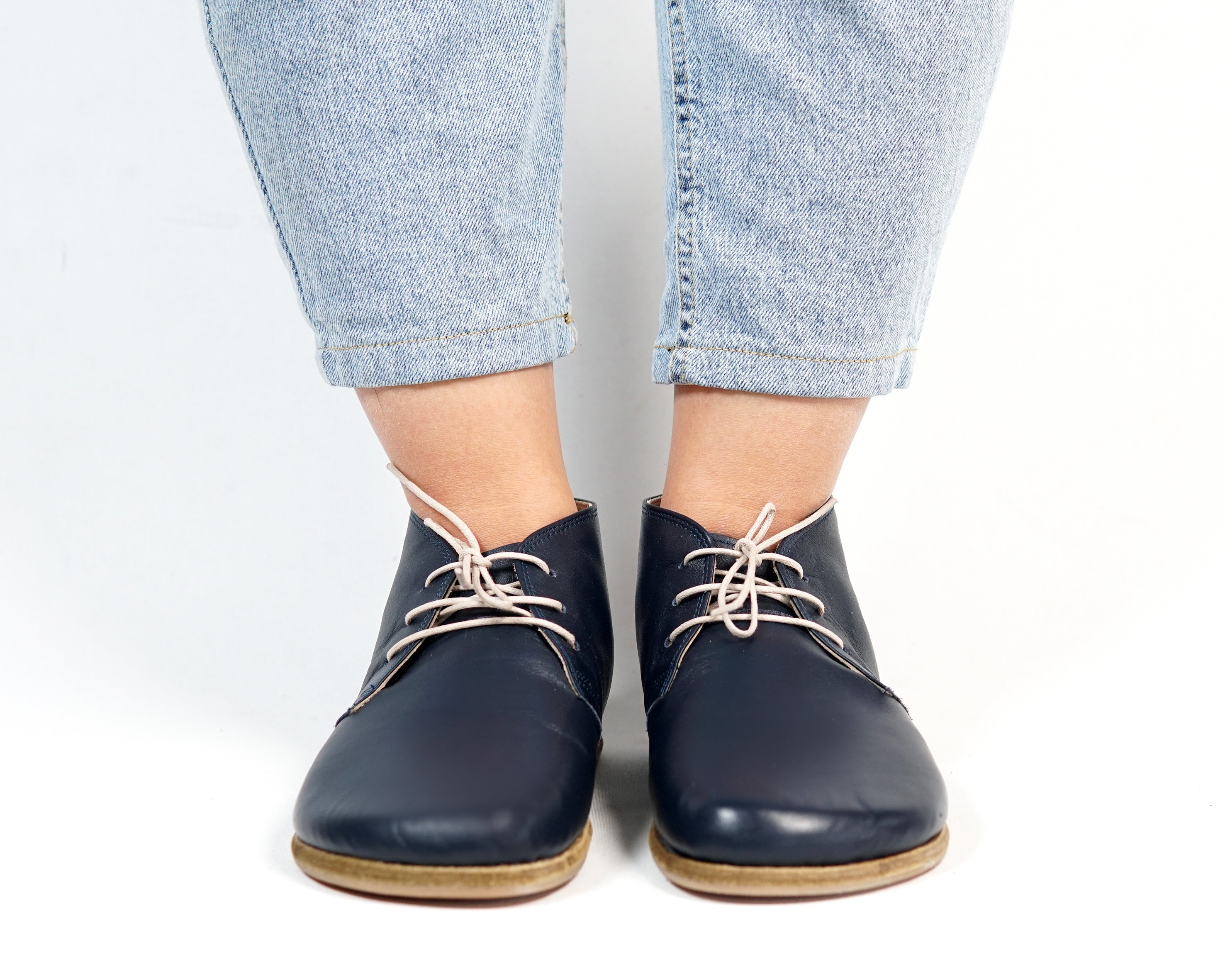 Navy Blue Ankle Boots Wide Barefoot Smooth Leather Handmade Shoes 
