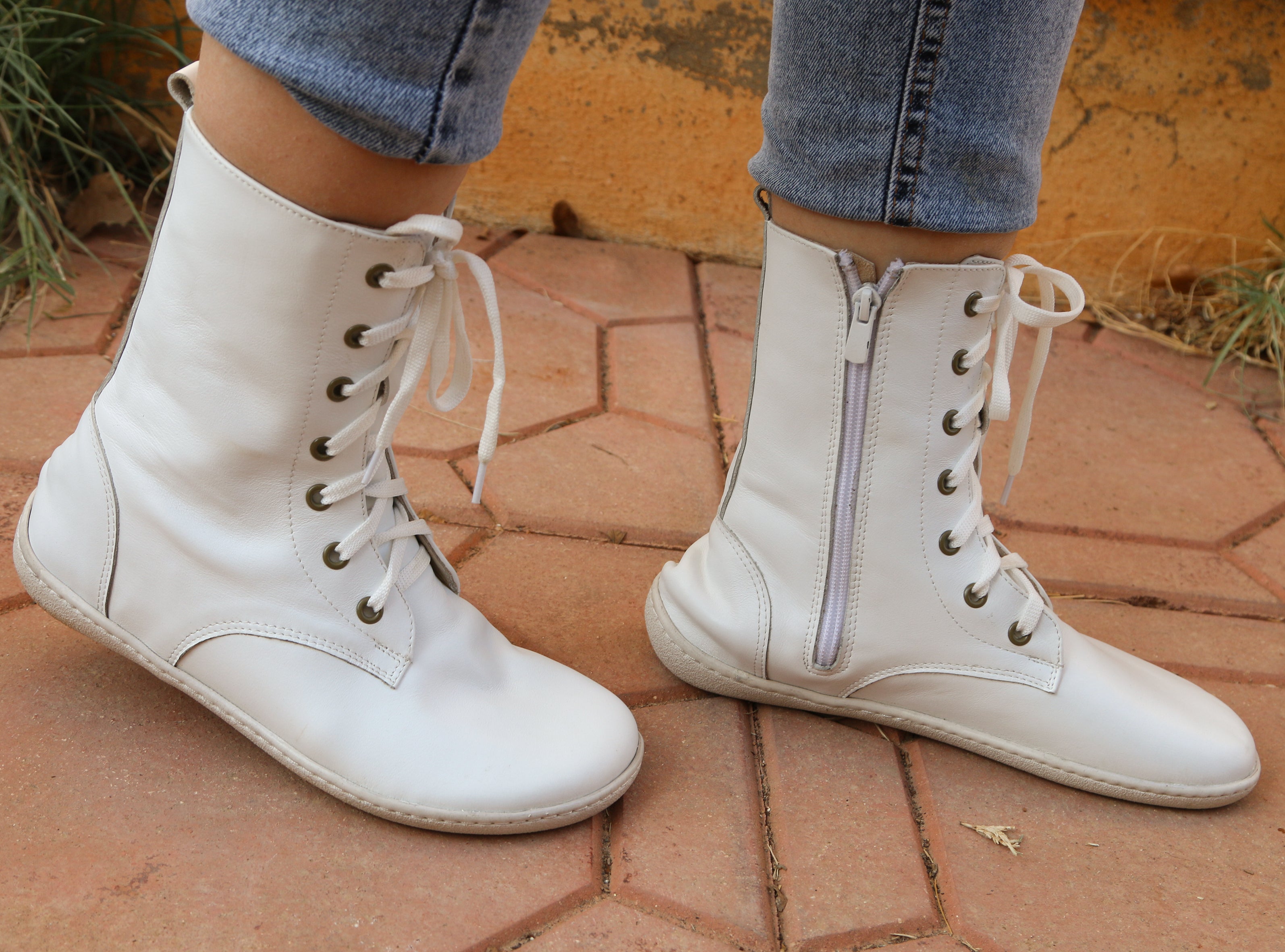 White Long Zipper Boots Wide Barefoot Shoes Smooth Leather Handmade 6mm Rubber Outsole