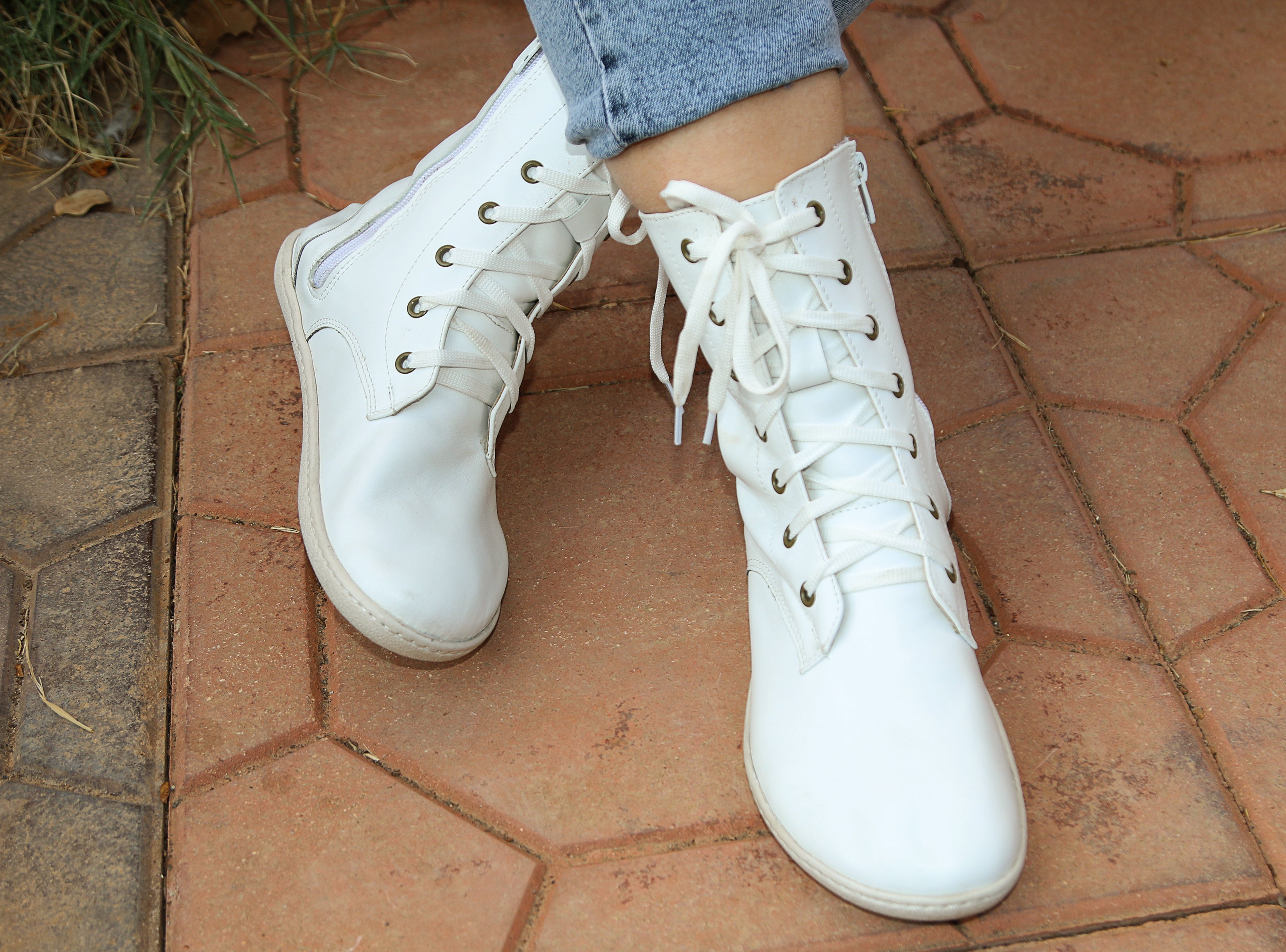 White Long Zipper Boots Wide Barefoot Shoes Smooth Leather Handmade 6mm Rubber Outsole