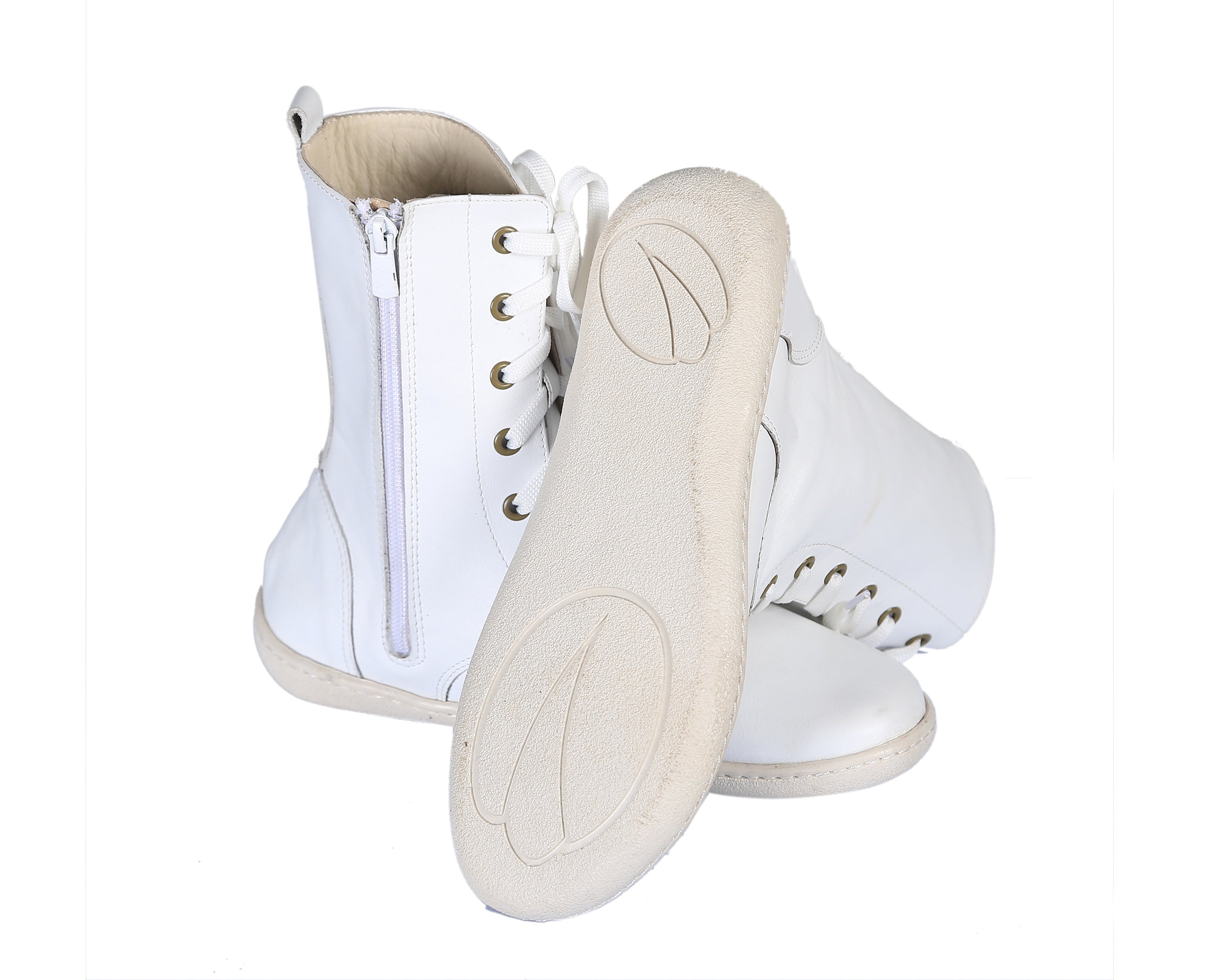 White Long Zipper Boots Wide Barefoot Shoes Smooth Leather Handmade 6mm Rubber Outsole