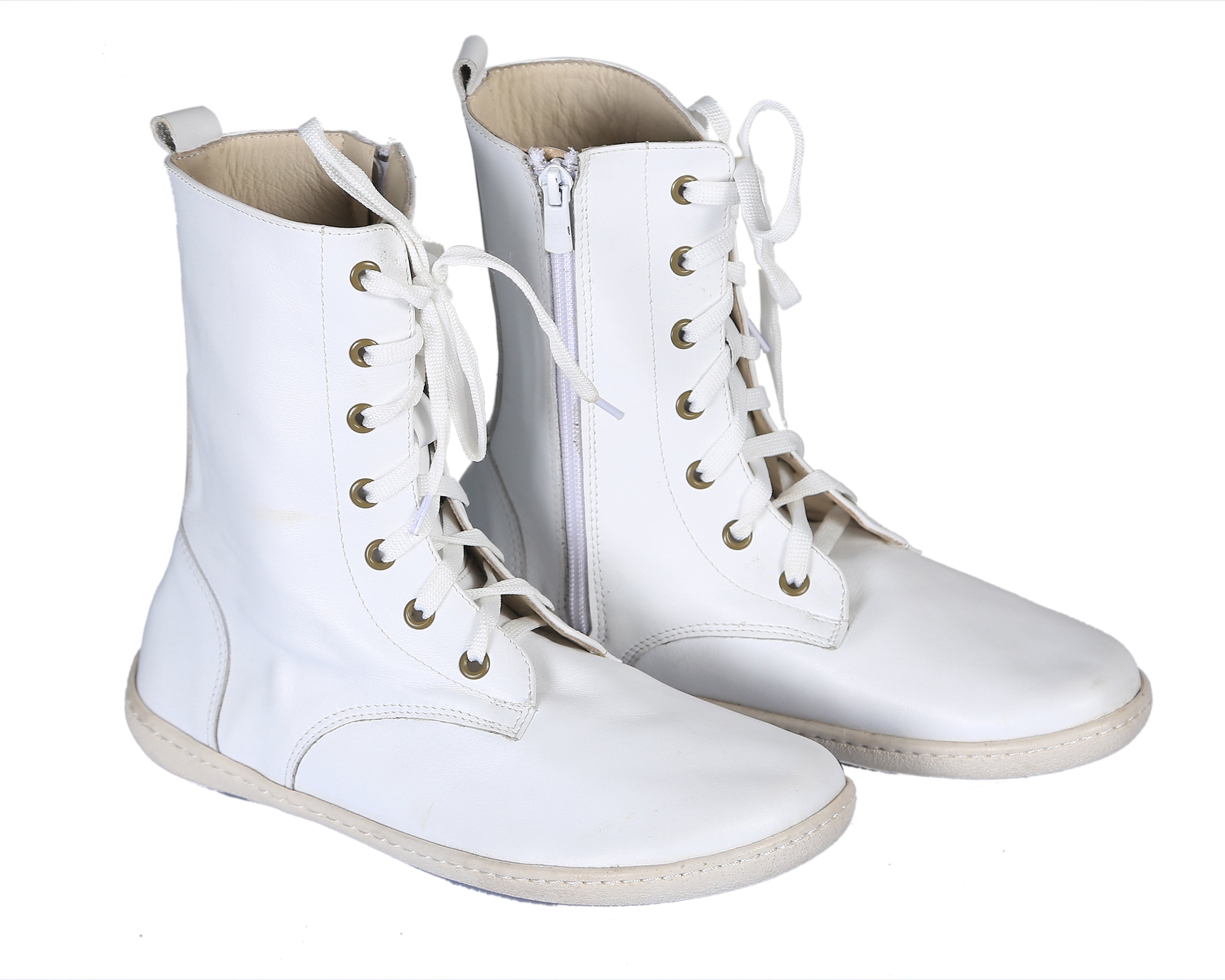 White Long Zipper Boots Wide Barefoot Shoes Smooth Leather Handmade 6mm Rubber Outsole