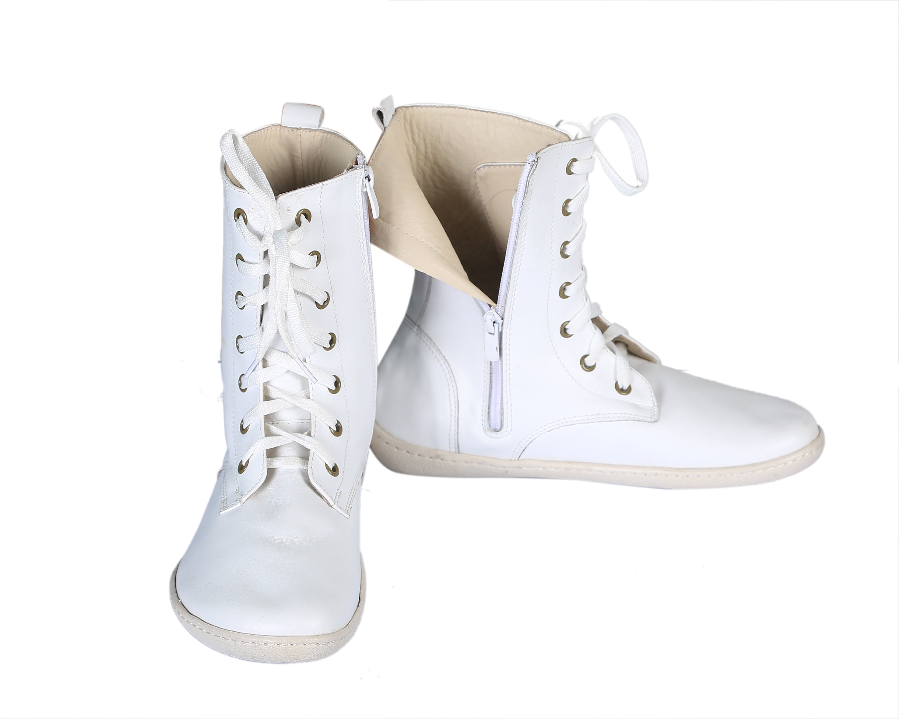 White Long Zipper Boots Wide Barefoot Shoes Smooth Leather Handmade 6mm Rubber Outsole