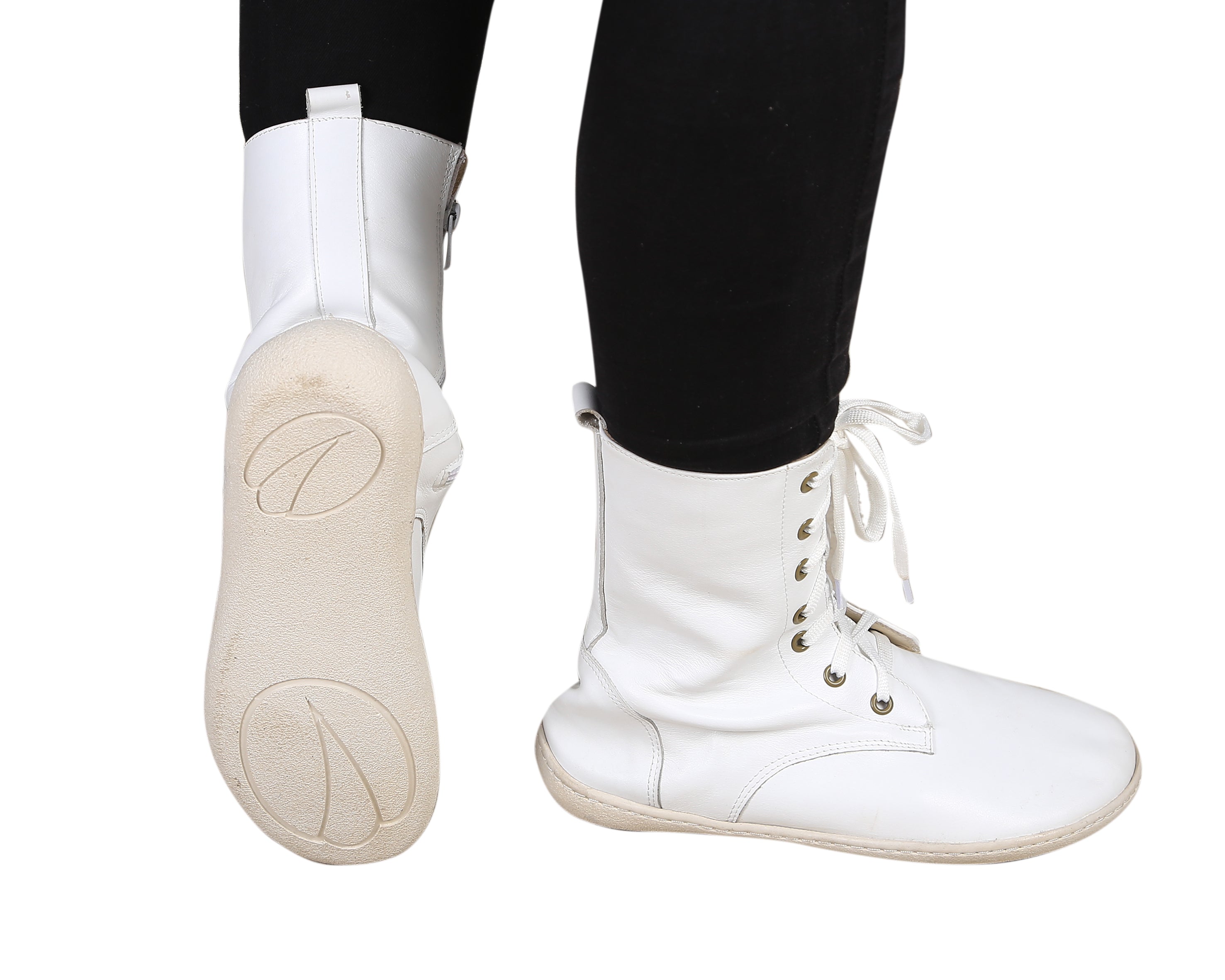 White Long Zipper Boots Wide Barefoot Shoes Smooth Leather Handmade 6mm Rubber Outsole