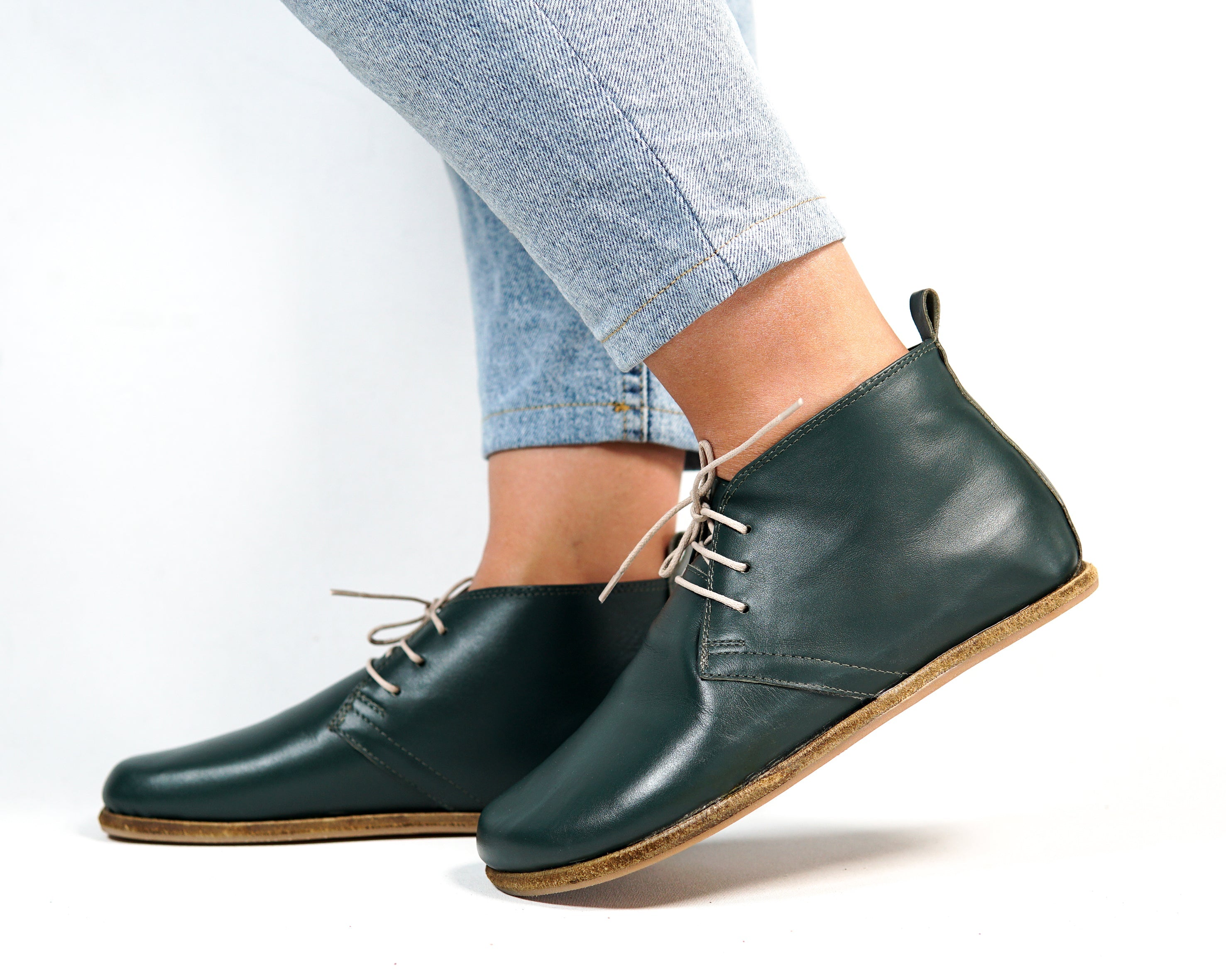 Green Ankle Boots Wide Barefoot Smooth Leather Handmade Shoes 
