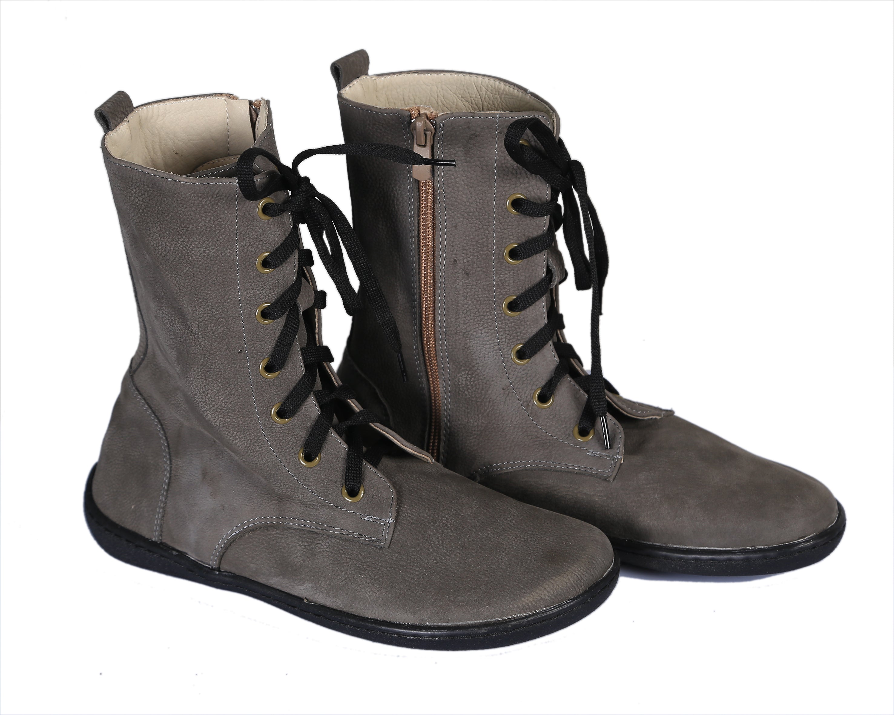 Gray Long Zipper Boots Wide Barefoot Shoes Nubuck Leather Handmade Rubber Outsole 