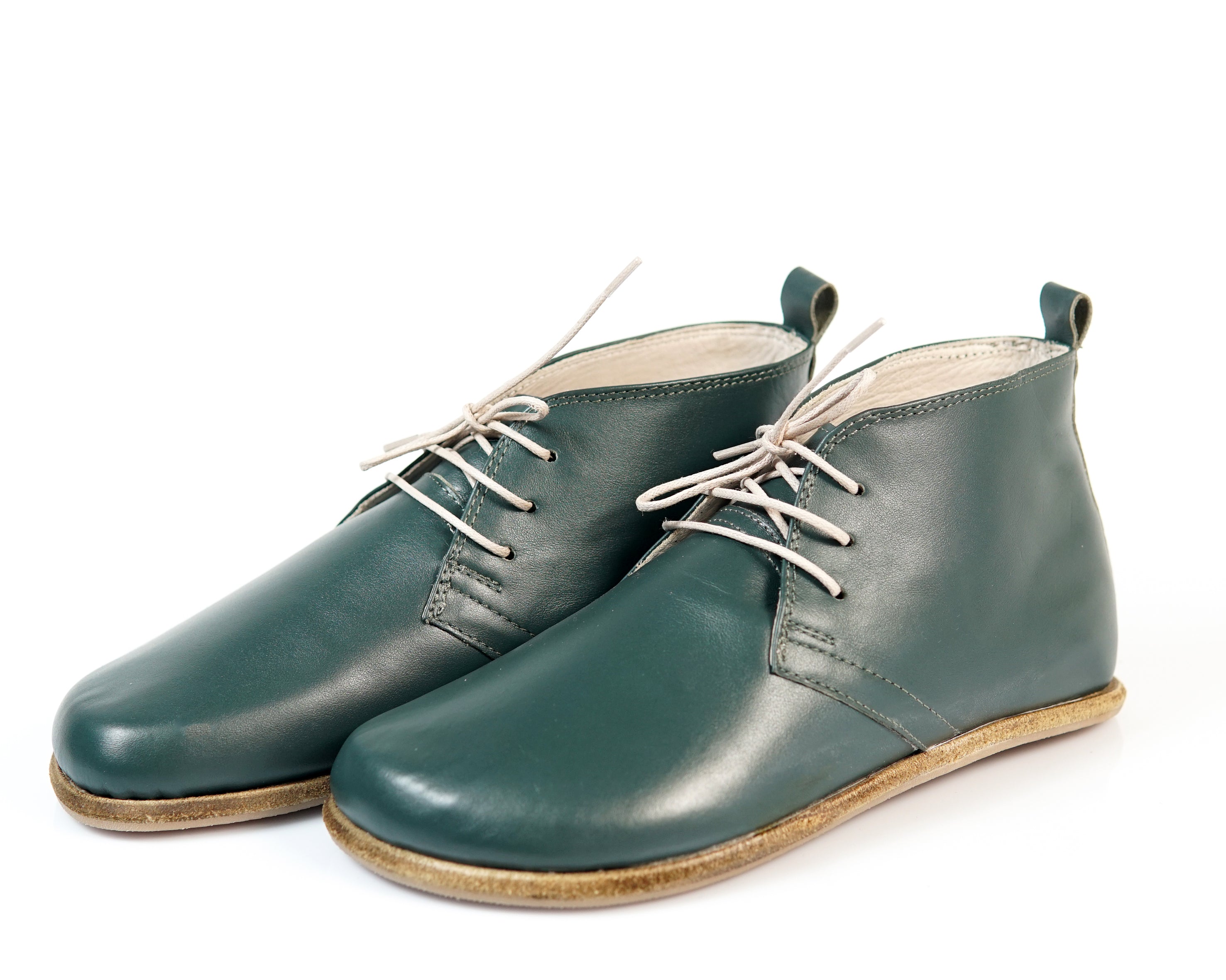 Green Ankle Boots Wide Barefoot Smooth Leather Handmade Shoes 