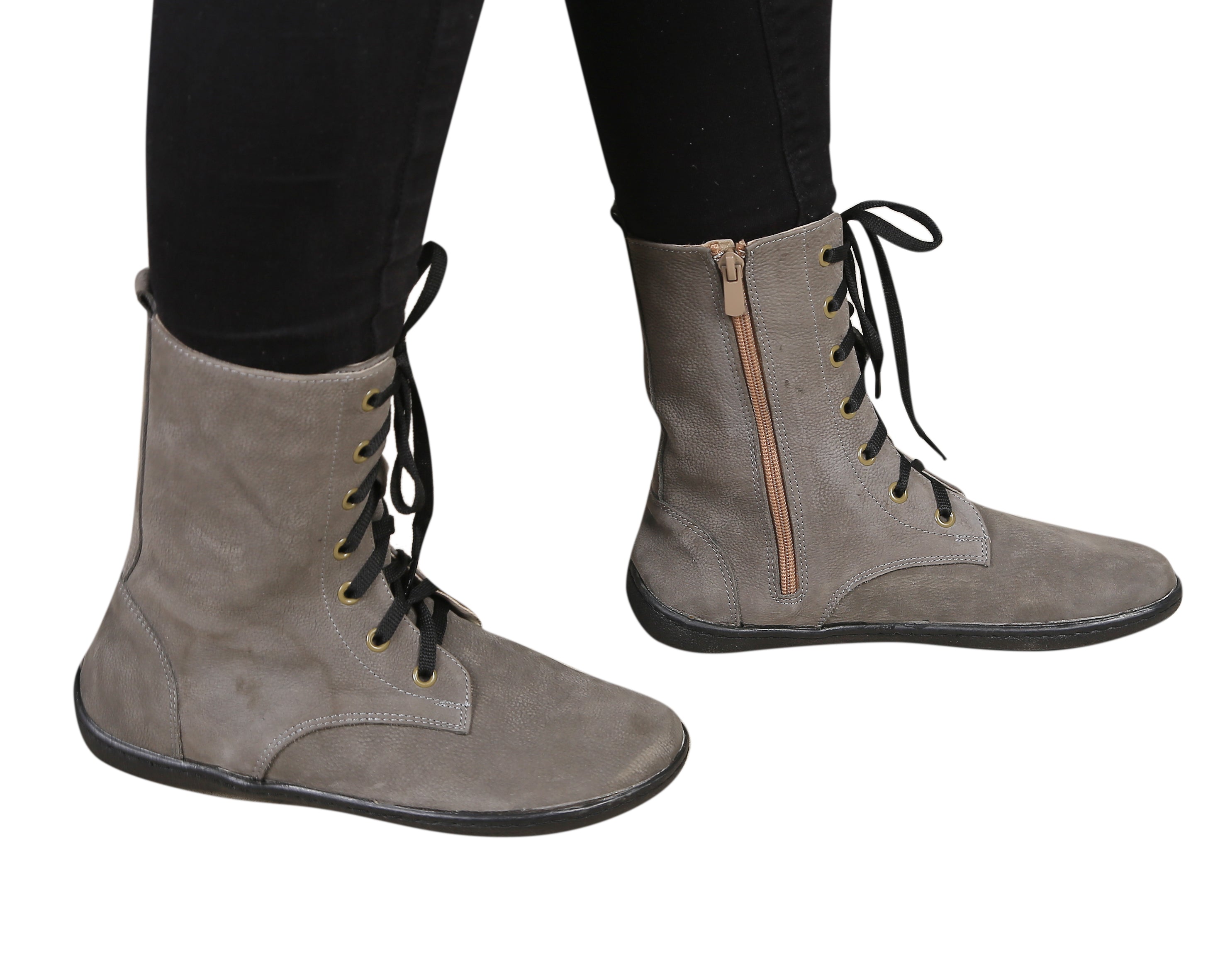Gray Long Zipper Boots Wide Barefoot Shoes Nubuck Leather Handmade Rubber Outsole 