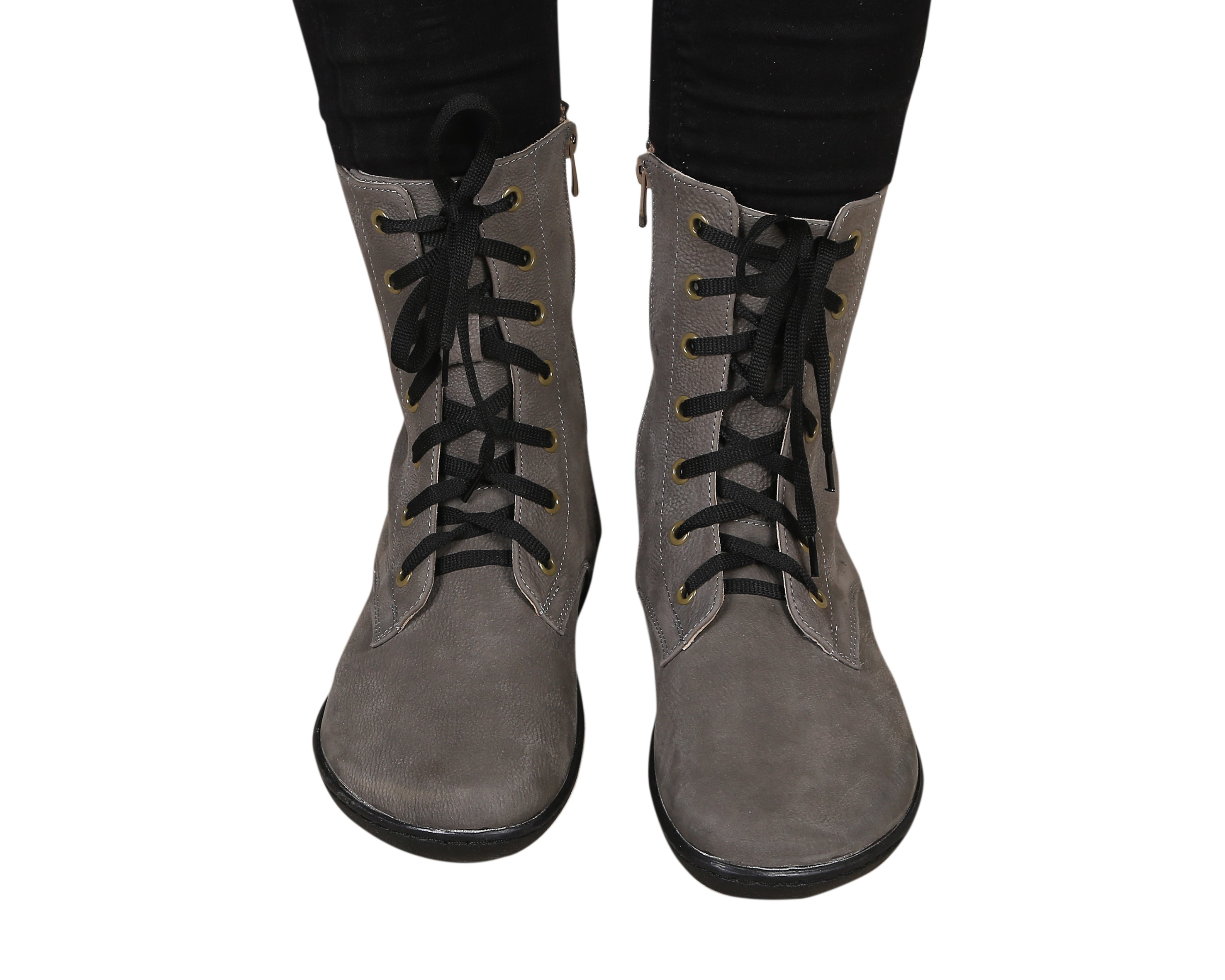 Gray Long Zipper Boots Wide Barefoot Shoes Nubuck Leather Handmade Rubber Outsole 