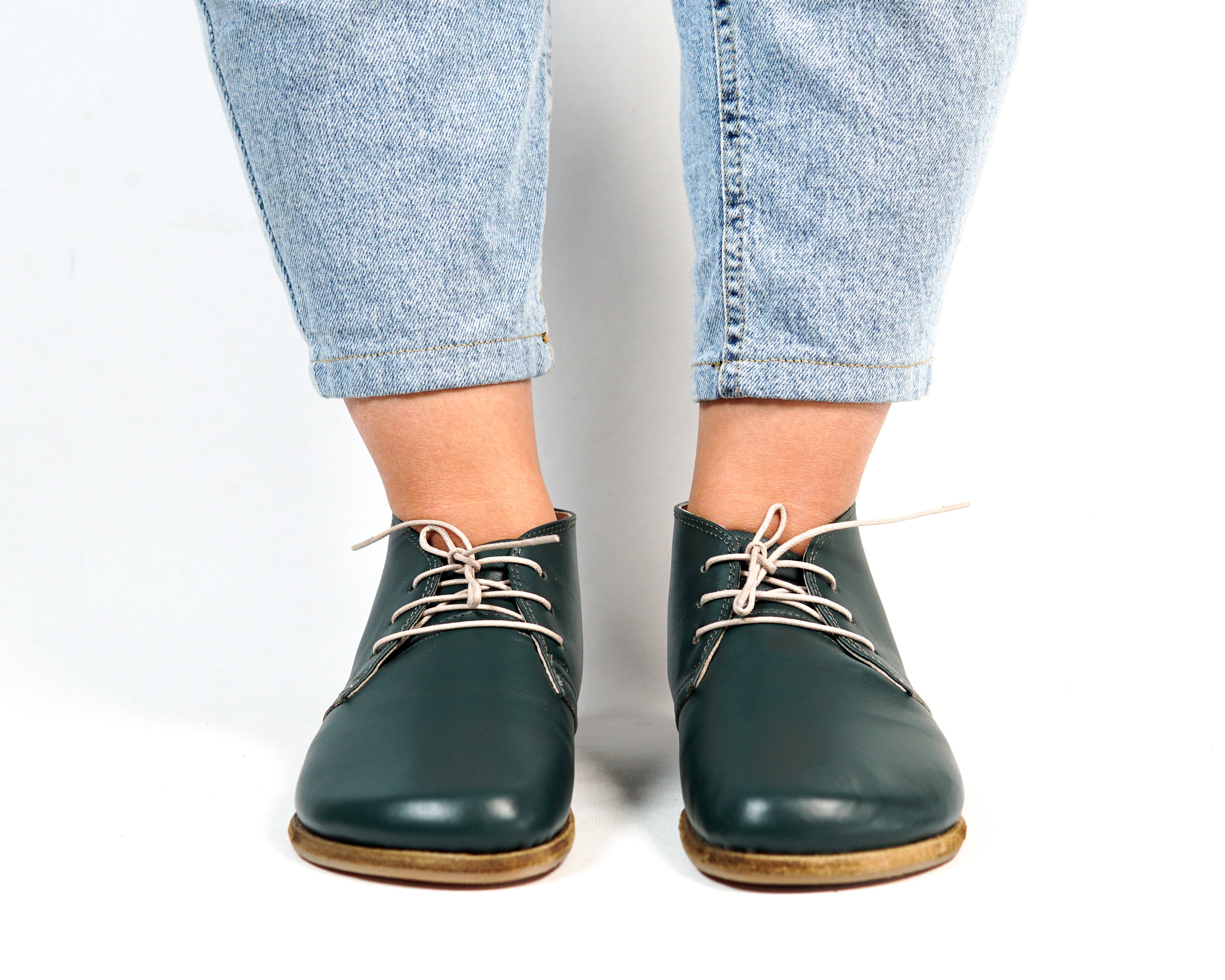 Green Ankle Boots Wide Barefoot Smooth Leather Handmade Shoes