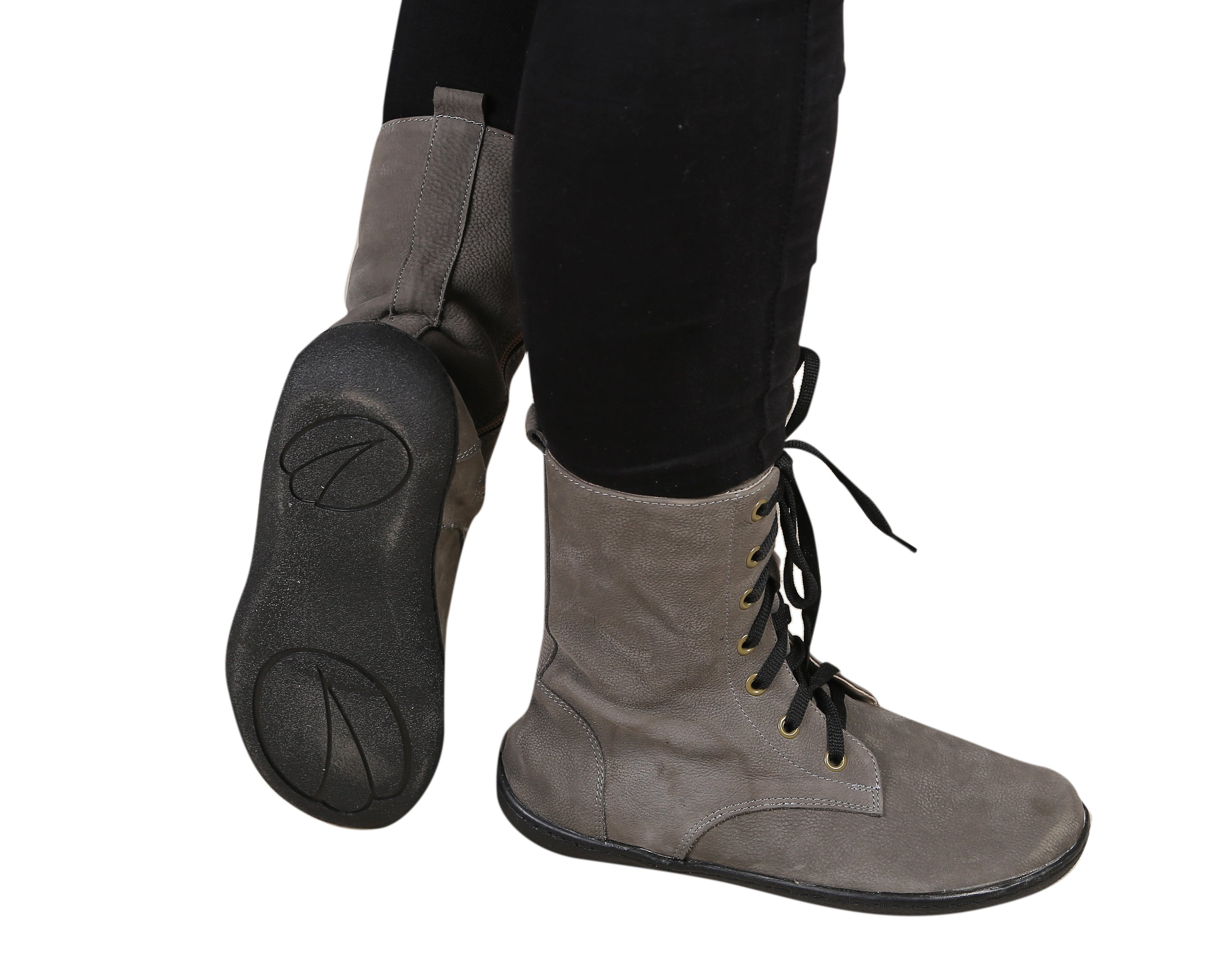 Gray Long Zipper Boots Wide Barefoot Shoes Nubuck Leather Handmade Rubber Outsole 