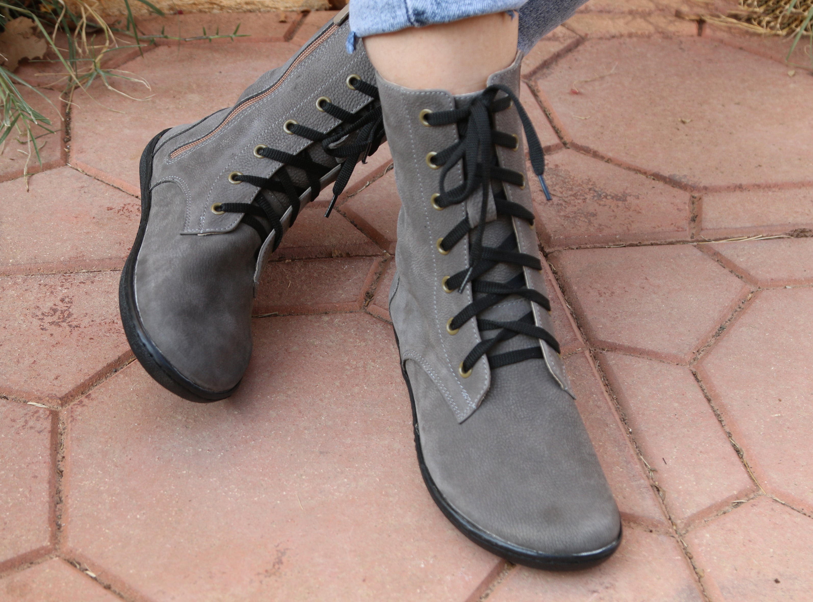Gray Long Zipper Boots Wide Barefoot Shoes Nubuck Leather Handmade Rubber Outsole 
