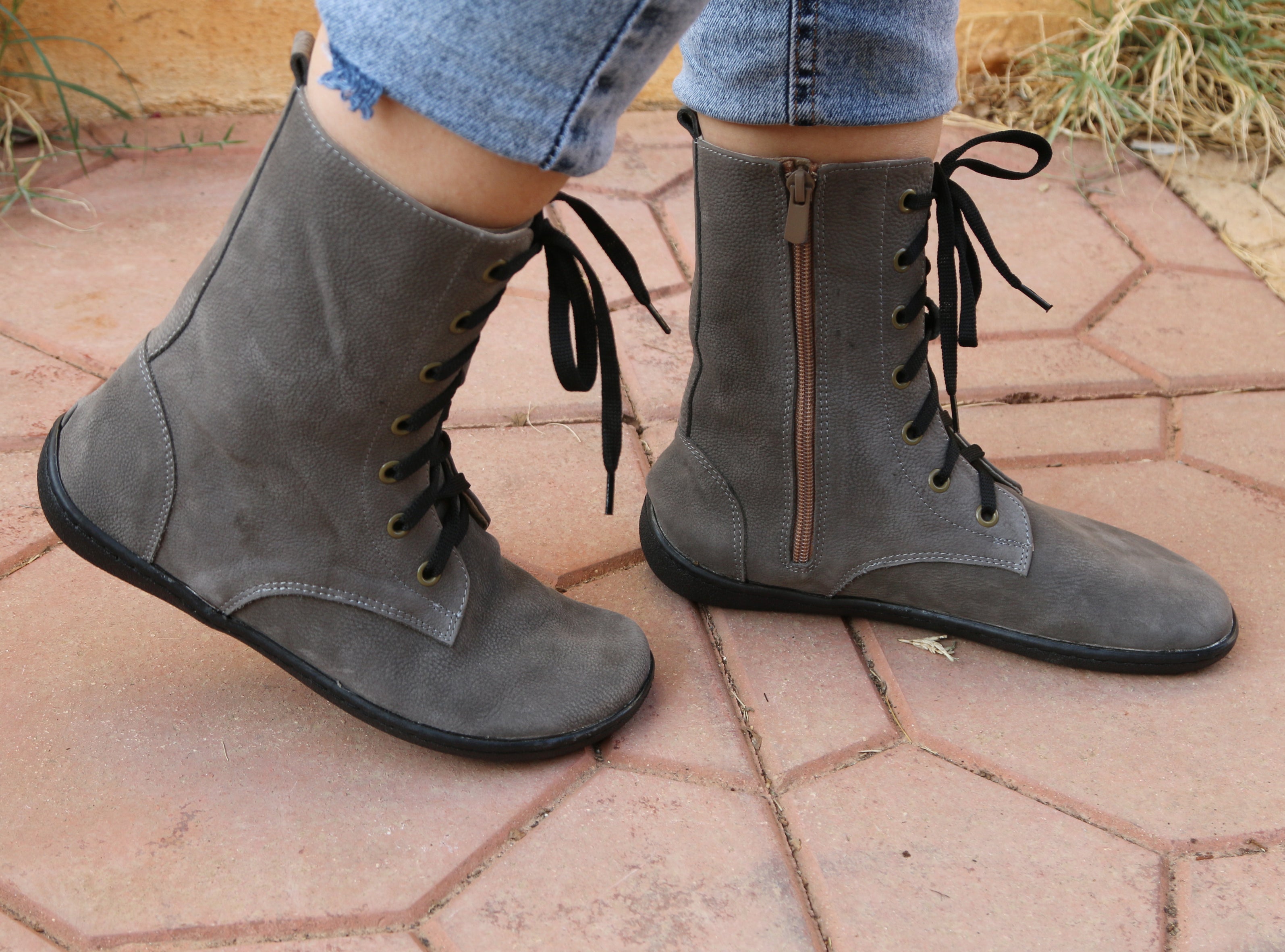 Gray Long Zipper Boots Wide Barefoot Shoes Nubuck Leather Handmade Rubber Outsole 