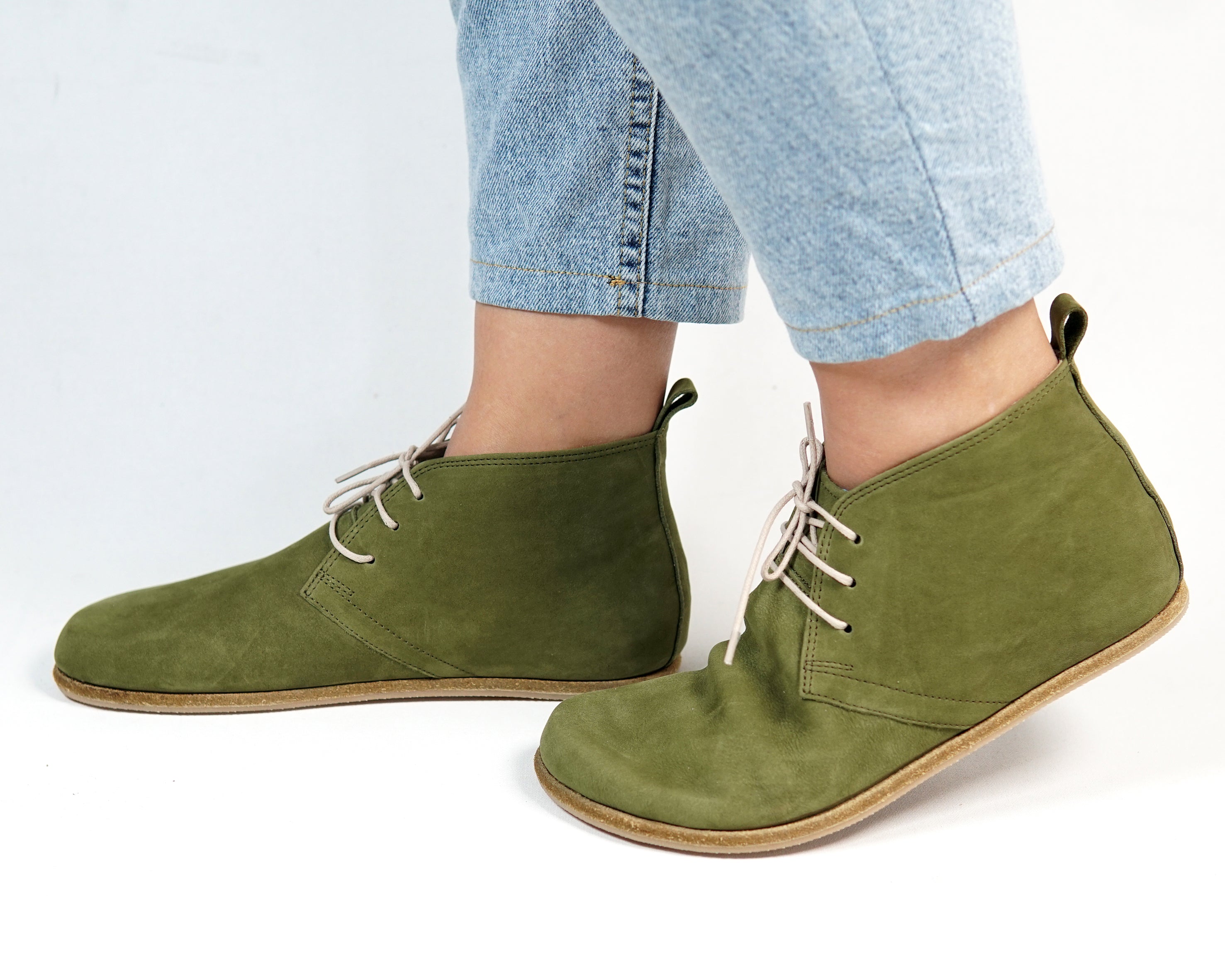 Green Ankle Boots Wide Barefoot Nubuck Leather Handmade Shoes