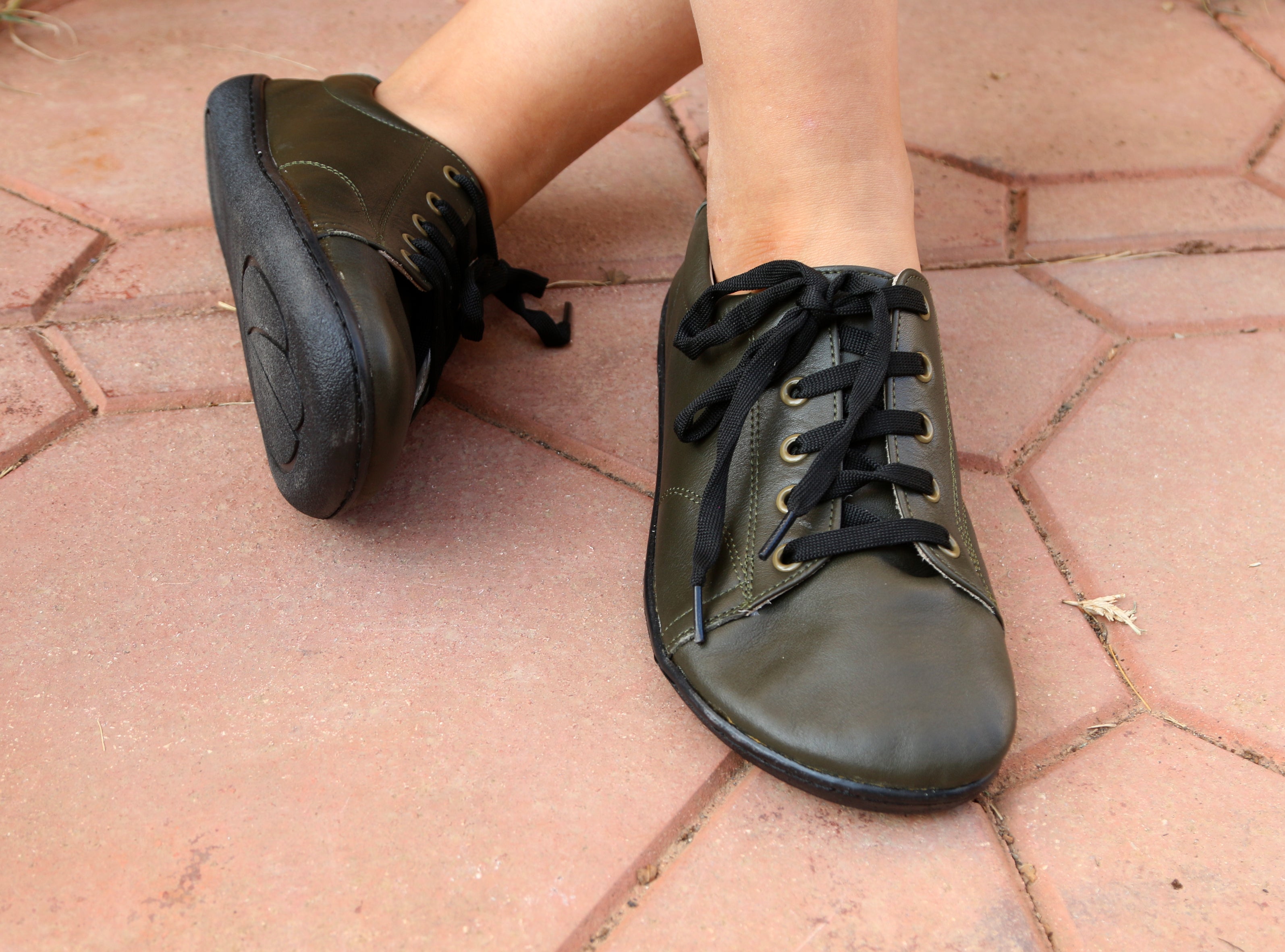 Green SNEAKER Wide Barefoot Shoes Smooth Leather Handmade 6mm Rubber Outsole 
