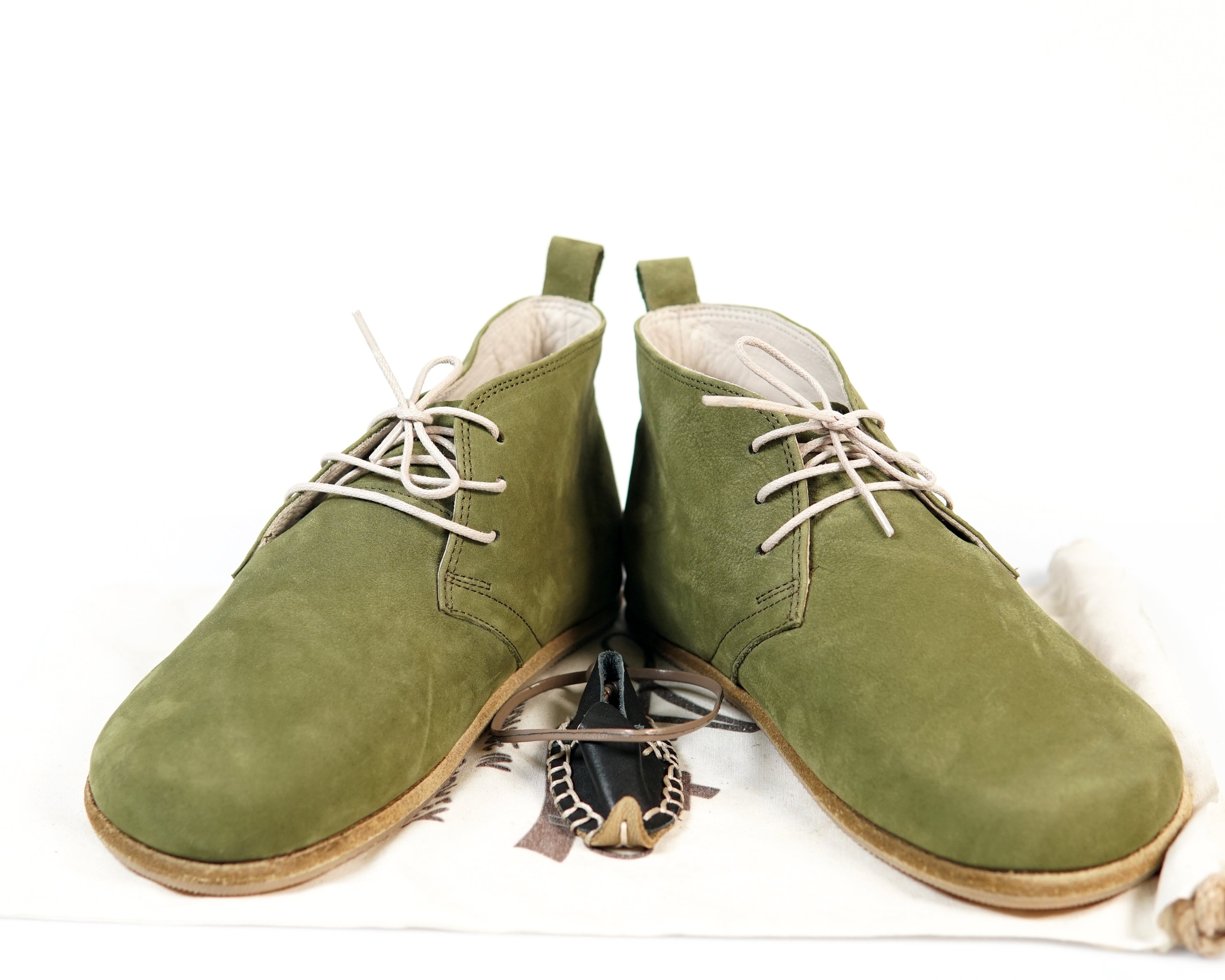 Green Ankle Boots Wide Barefoot Nubuck Leather Handmade Shoes 