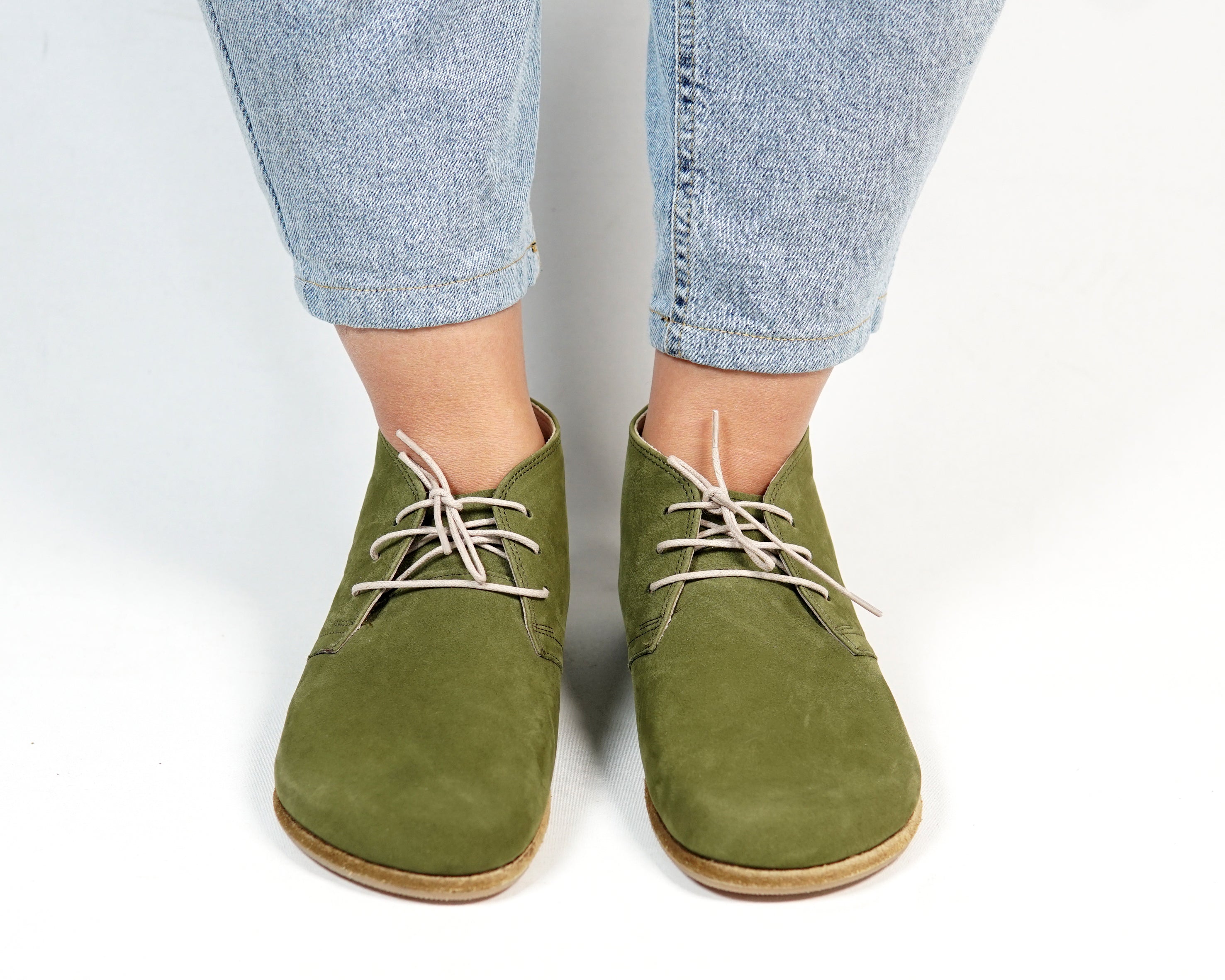 Green Ankle Boots Wide Barefoot Nubuck Leather Handmade Shoes